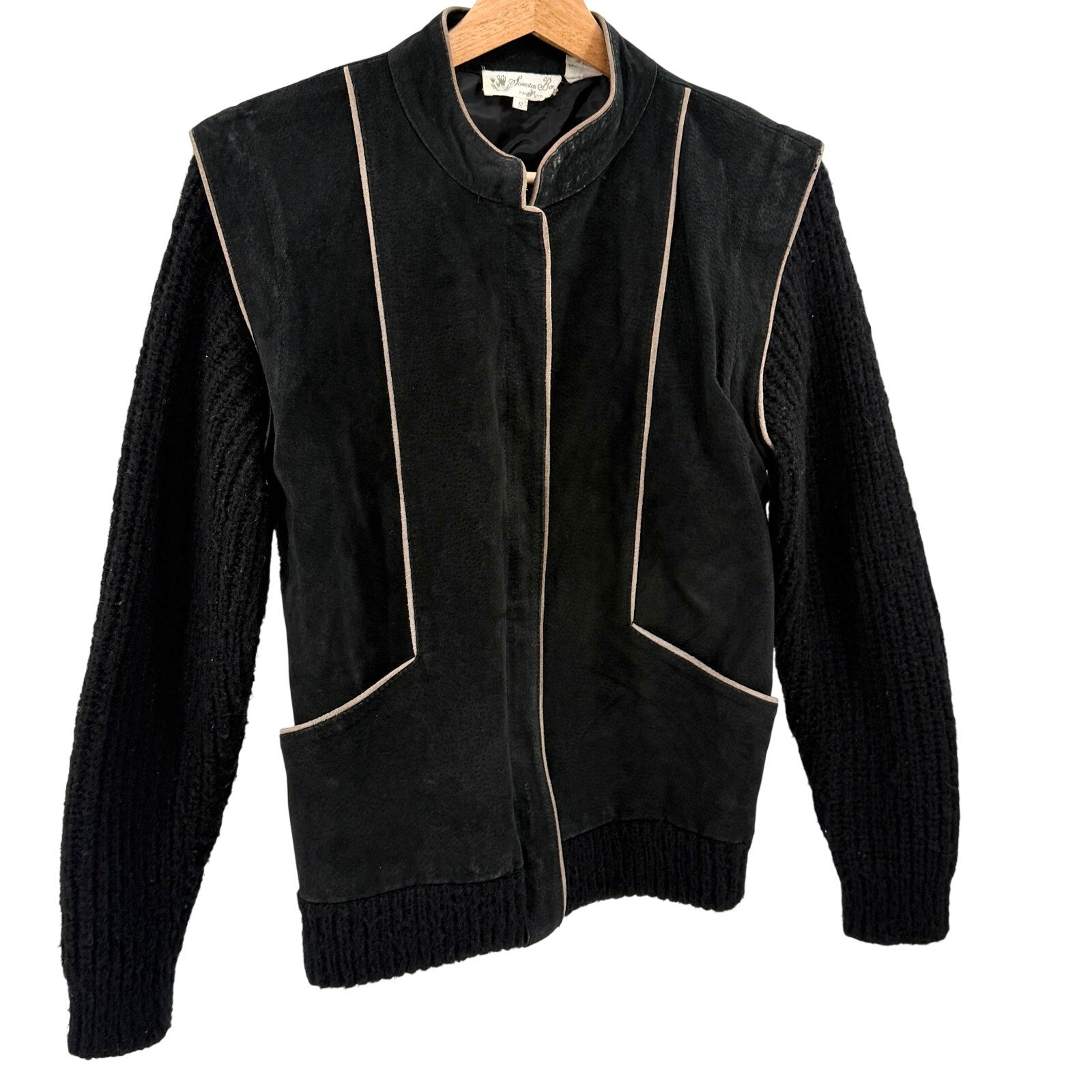 Vintage 70s Sweater Bee Black Suede Trim Zip-Front Sweater Jacket