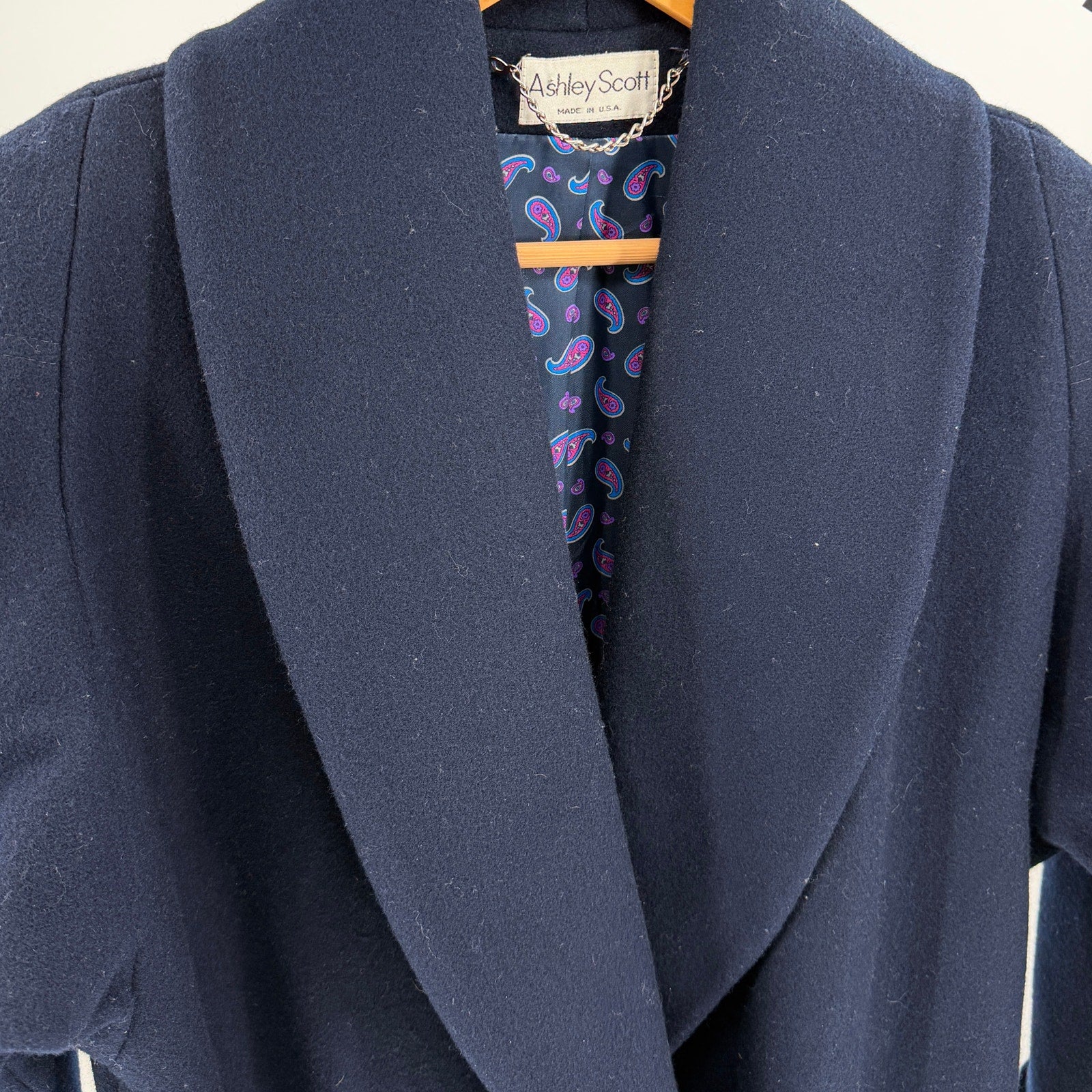 Vintage 80s Ashley Scott Navy Blue 100% Wool Shawl Collar Long Coat