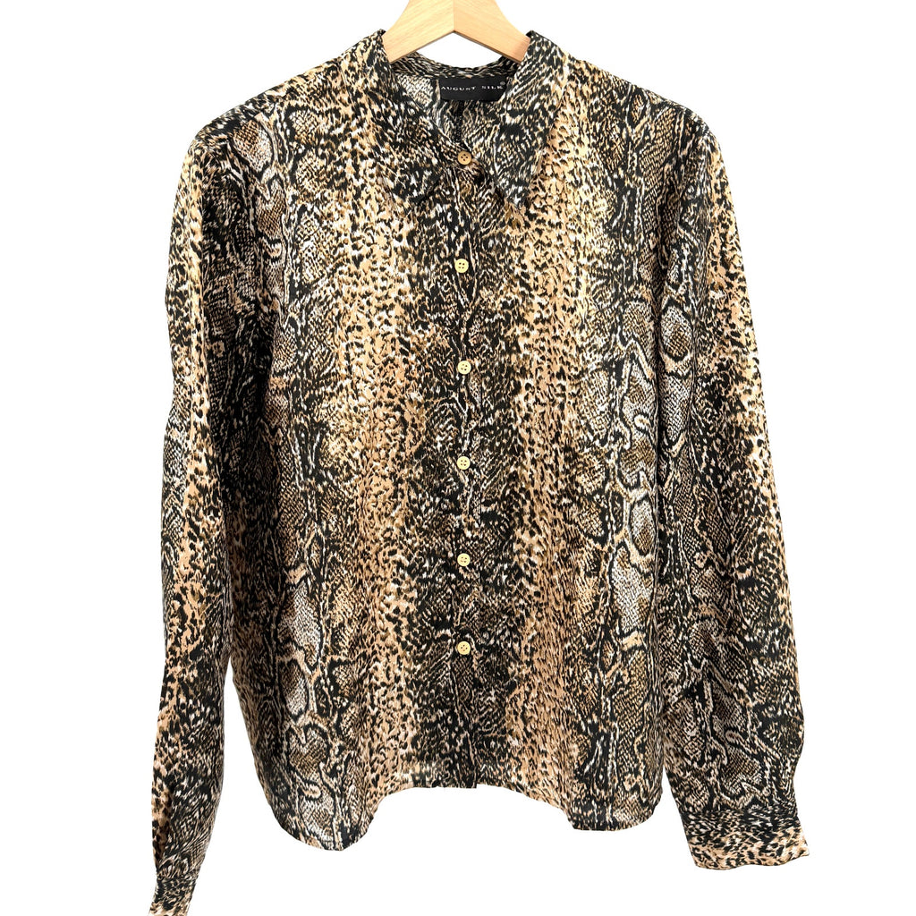 Vintage Y2K August Silk Tan Black 100% Silk Snakeskin Python Button Down Blouse