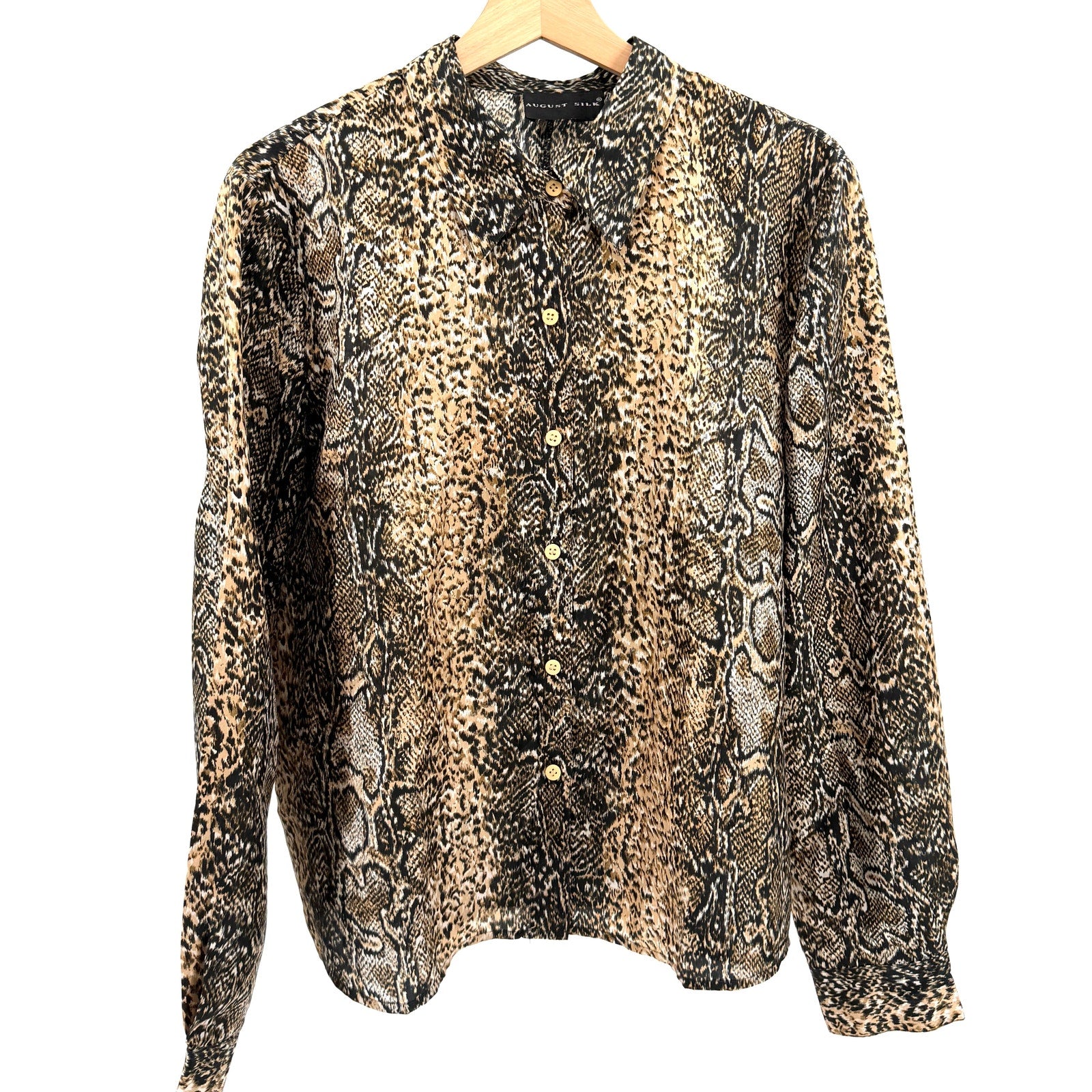 Vintage Y2K August Silk Tan Black 100% Silk Snakeskin Python Button Down Blouse