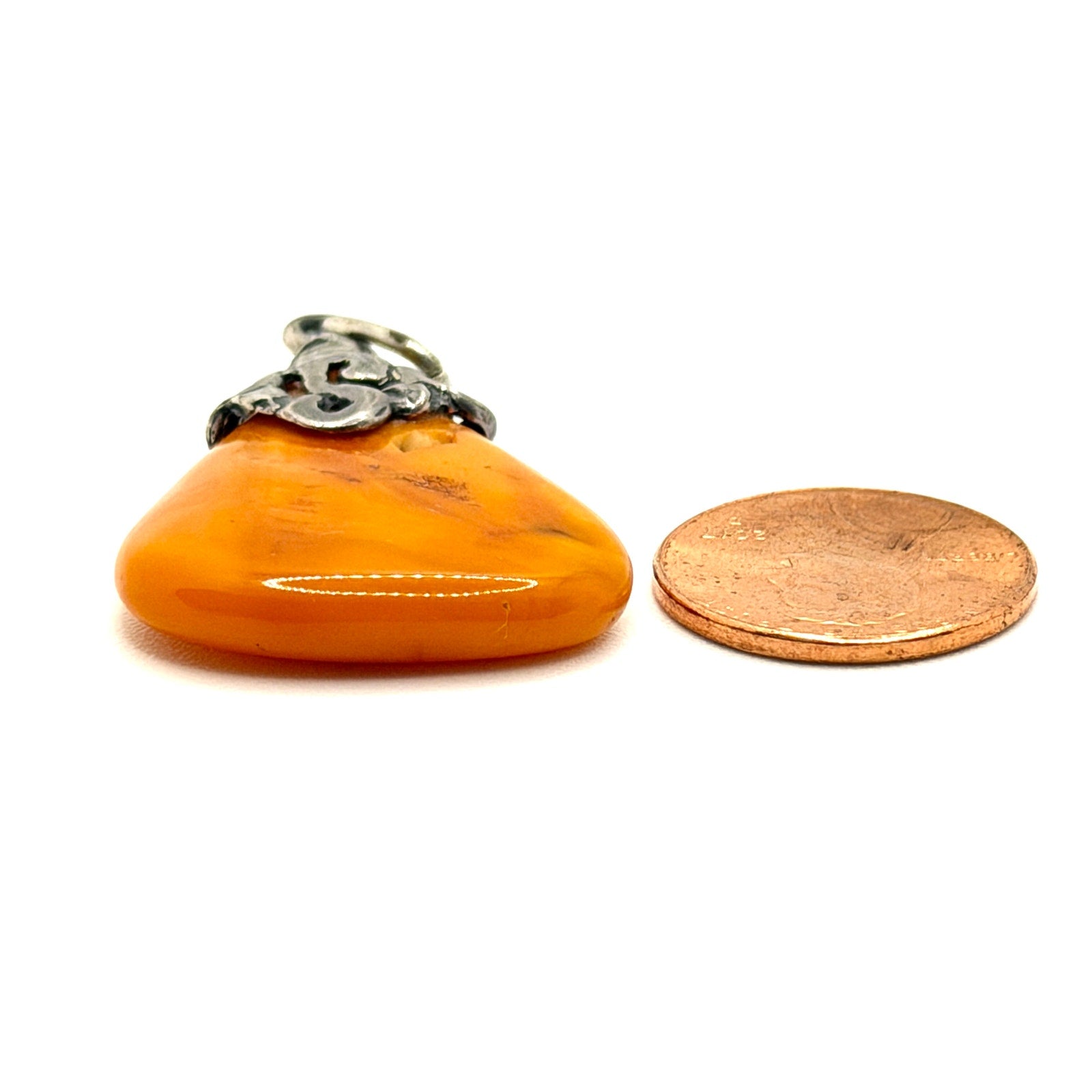 Vintage Orange Butterscotch Amber Sterling Silver Teardrop Pendant
