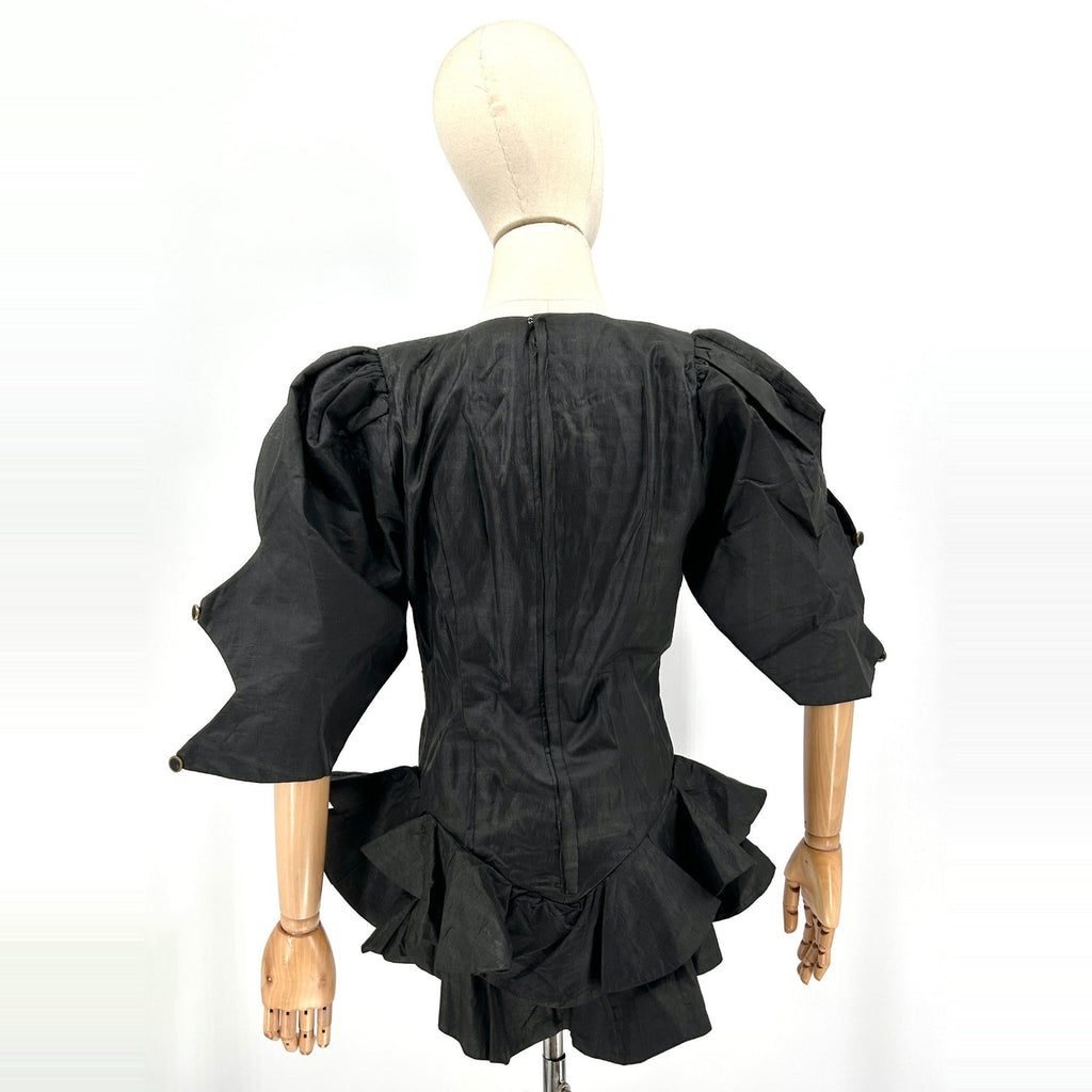 Handmade Black Coated Cotton Puff Sleeve Peplum Blouse
