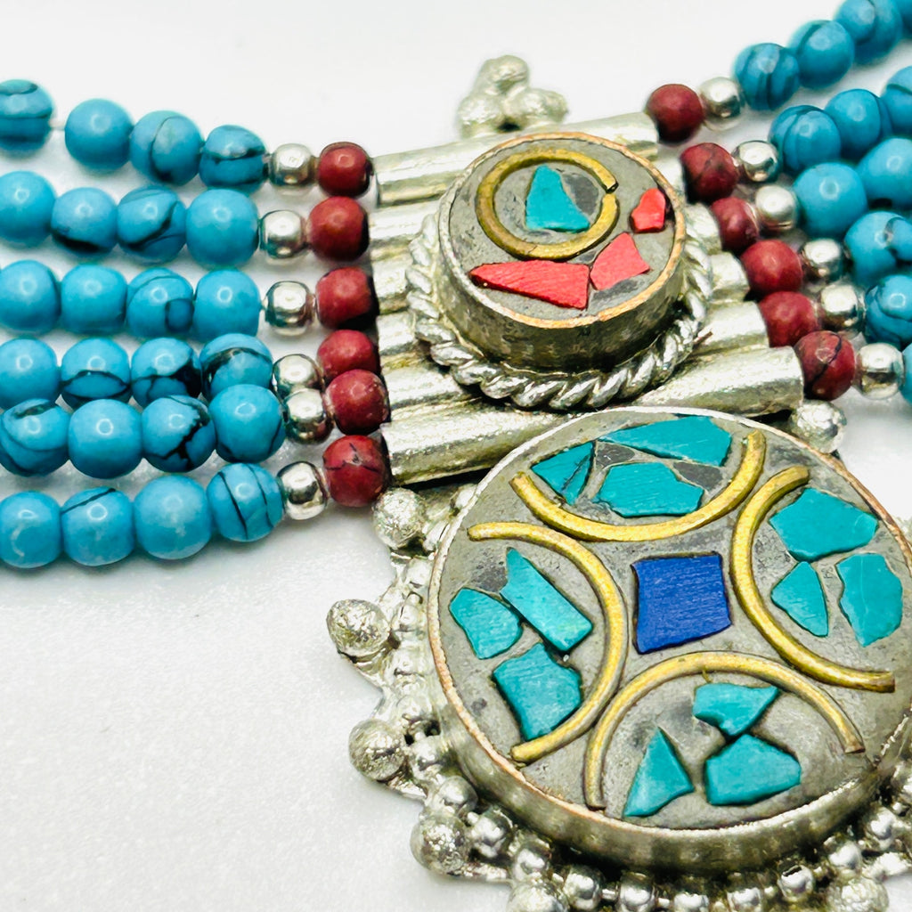 Tribal Ethnic Intricate Silver Talisman Necklace inlayed with Turquoise chips