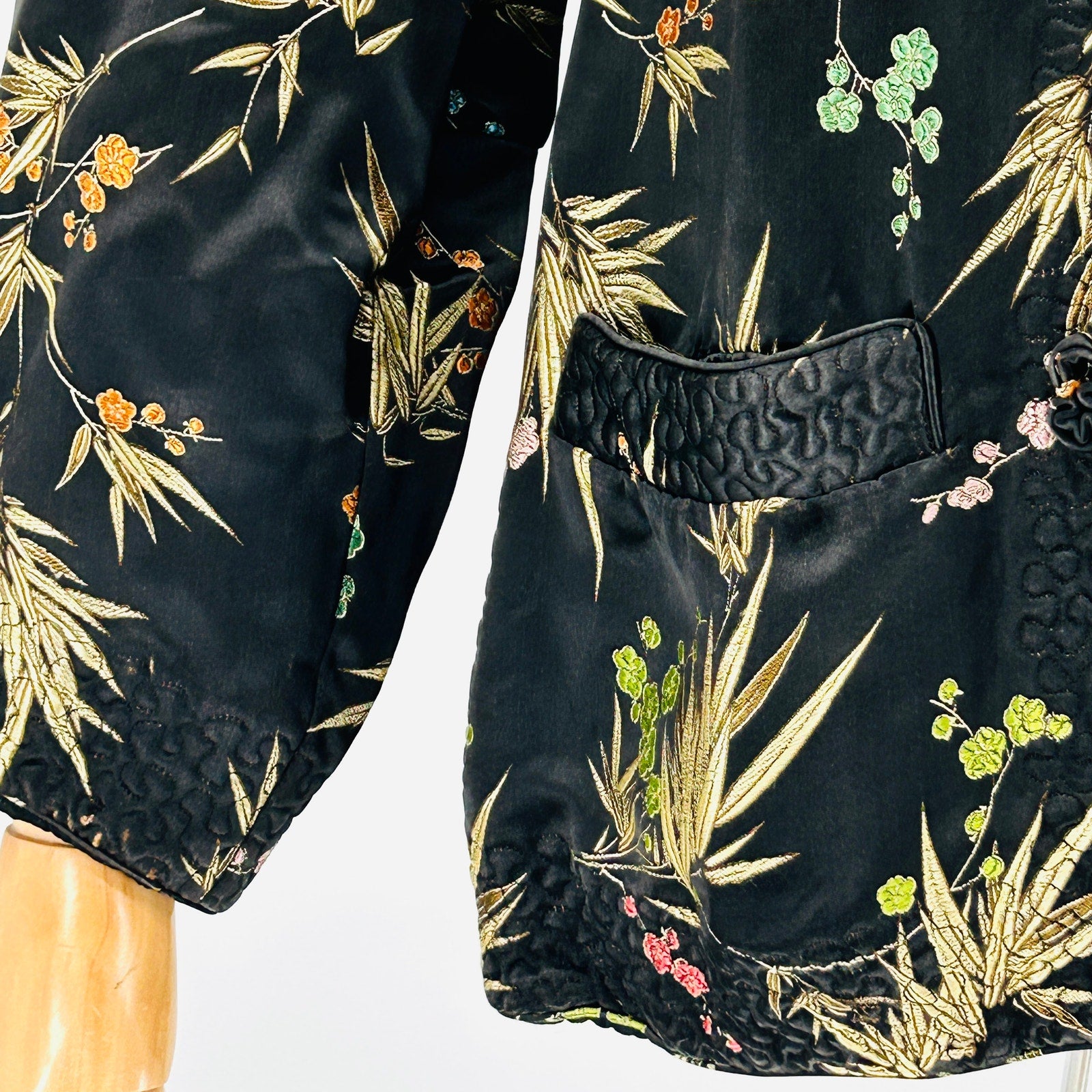 Vintage 80s Chinese Black Satin Gold Bamboo Embroidered Reversible Jacket