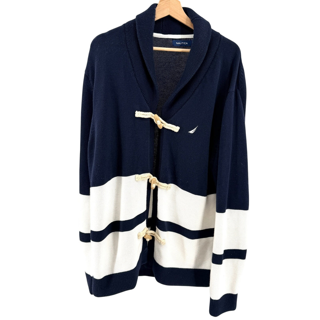 Nautica Navy Blue White 100% Cotton Wood Toggle Shawl Cardigan Sweater