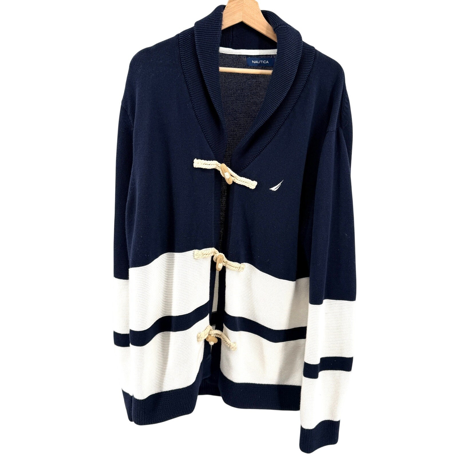 Nautica Navy Blue White 100% Cotton Wood Toggle Shawl Cardigan Sweater