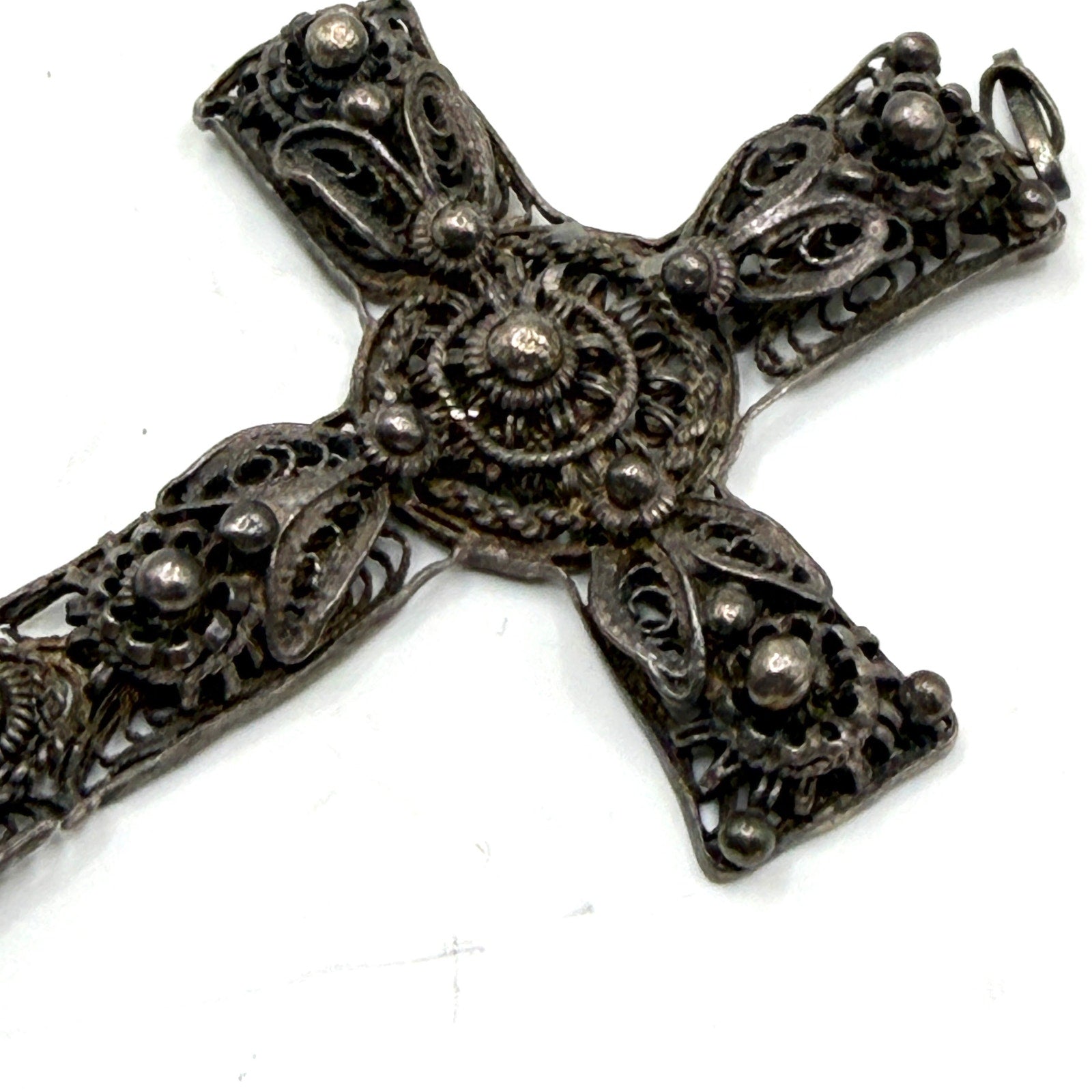 Vintage 70s Ornate Cannetille Sterling Silver Statement Cross Pendant