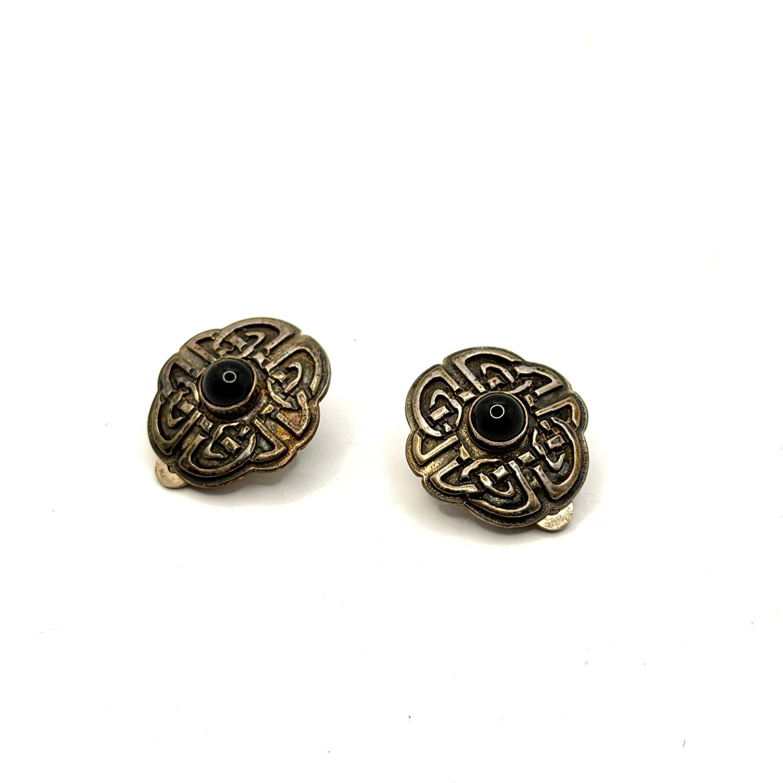 Vintage 90s Stamped 925 USA Onyx Sterling Silver Celtic Knot Clip On Earrings