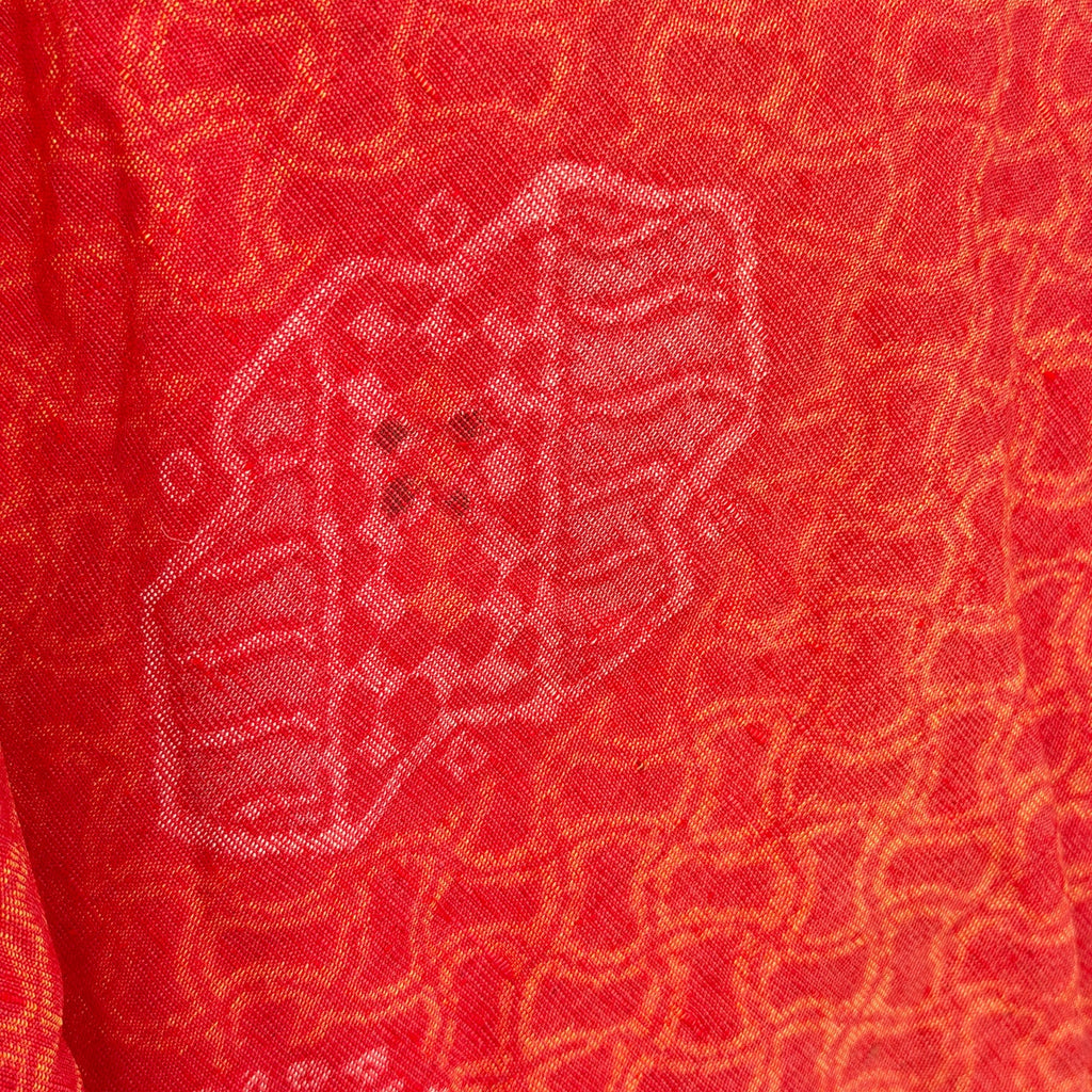 Vintage 50s Showa Era Red Orange 100% Woven Tsumugi Silk Kasuri Ikat Kimono Robe