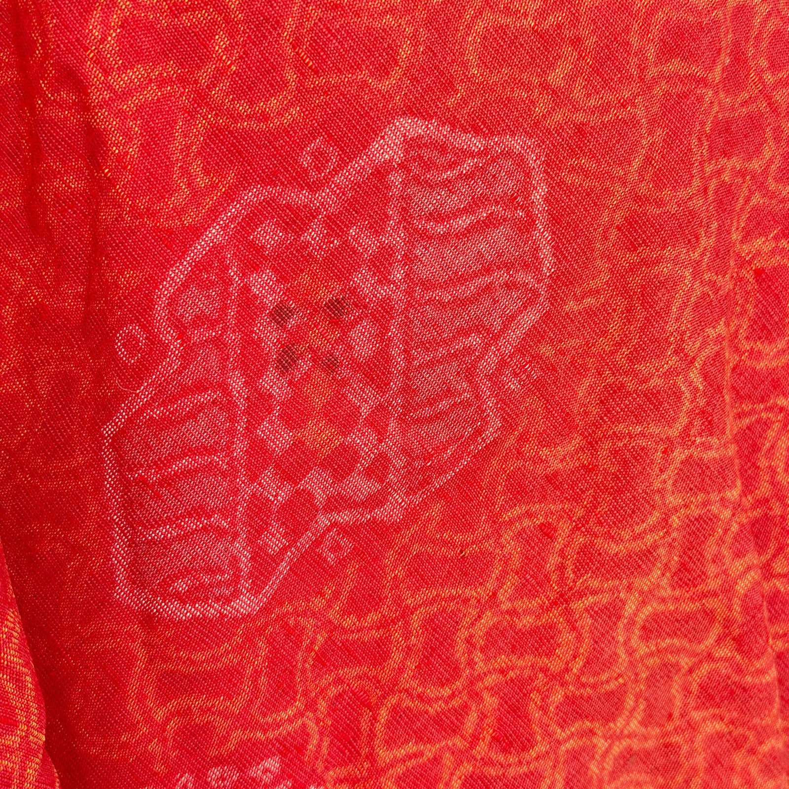 Vintage 50s Showa Era Red Orange 100% Woven Tsumugi Silk Kasuri Ikat Kimono Robe
