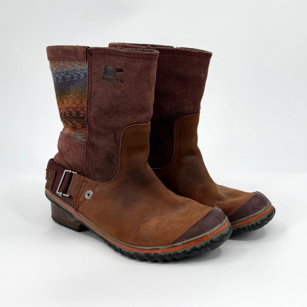 Sorel Brown Genuine Leather Suede Southwestern Woven Pull On Boots