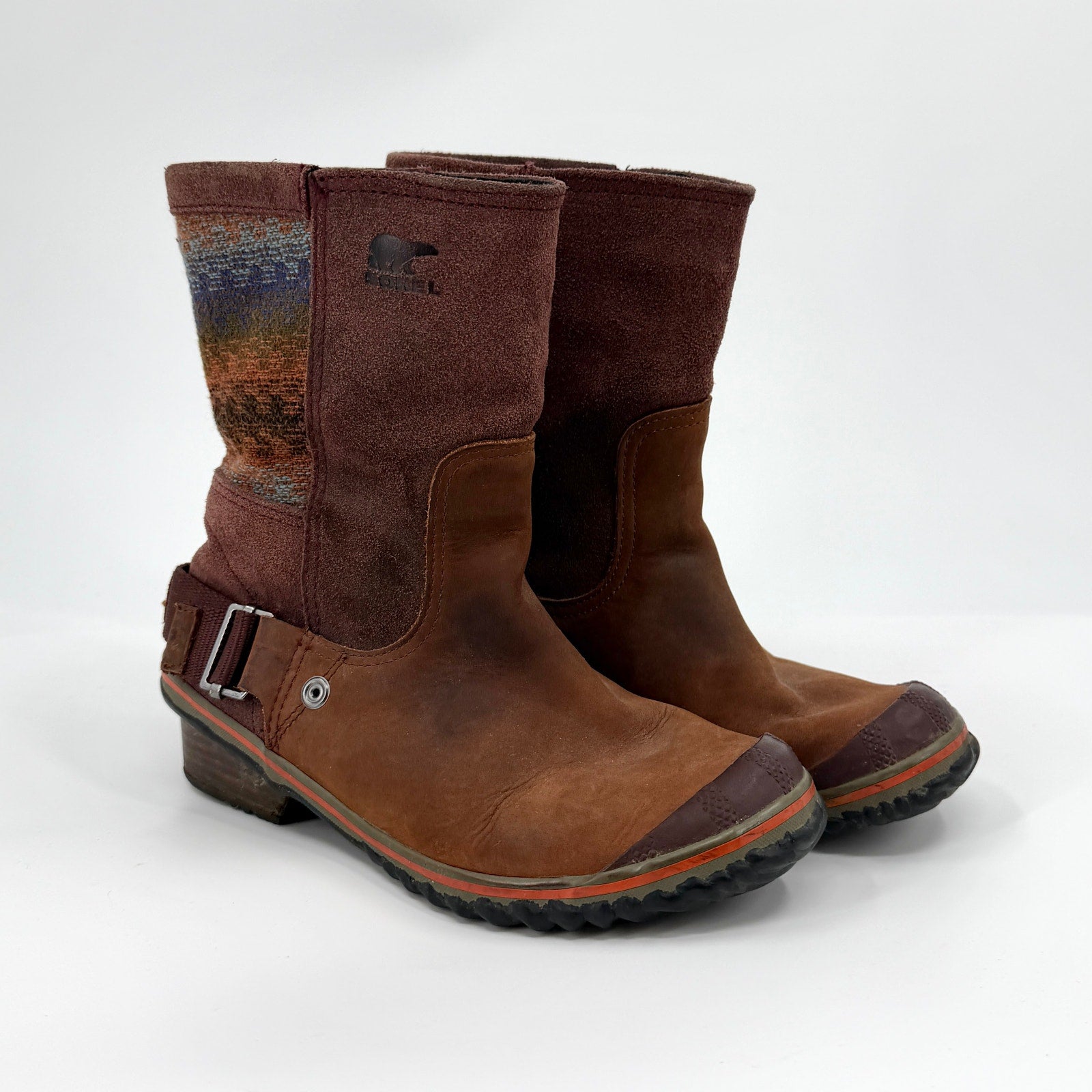 Sorel Brown Genuine Leather Suede Southwestern Woven Pull On Boots