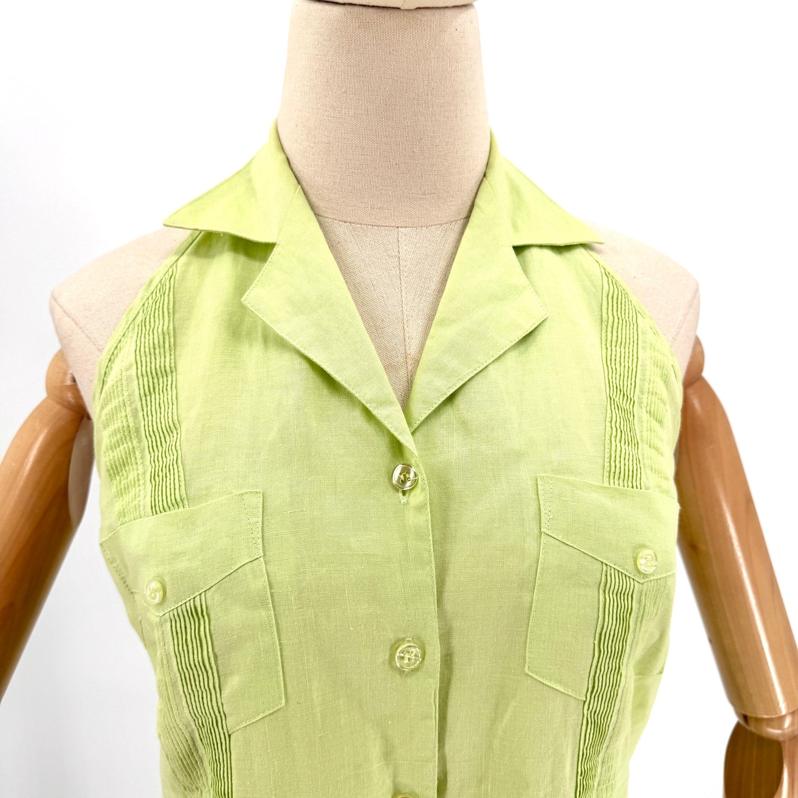 Alexandra Nicole Pistachio Green Linen Guayabera Halter Top