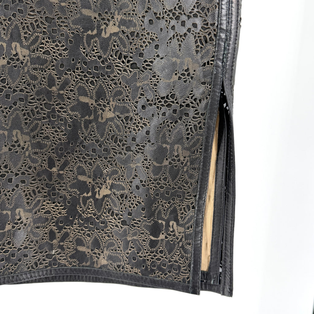 Vintage 90s Anne Klein Black Genuine Leather Floral Laser Cut Pencil Skirt