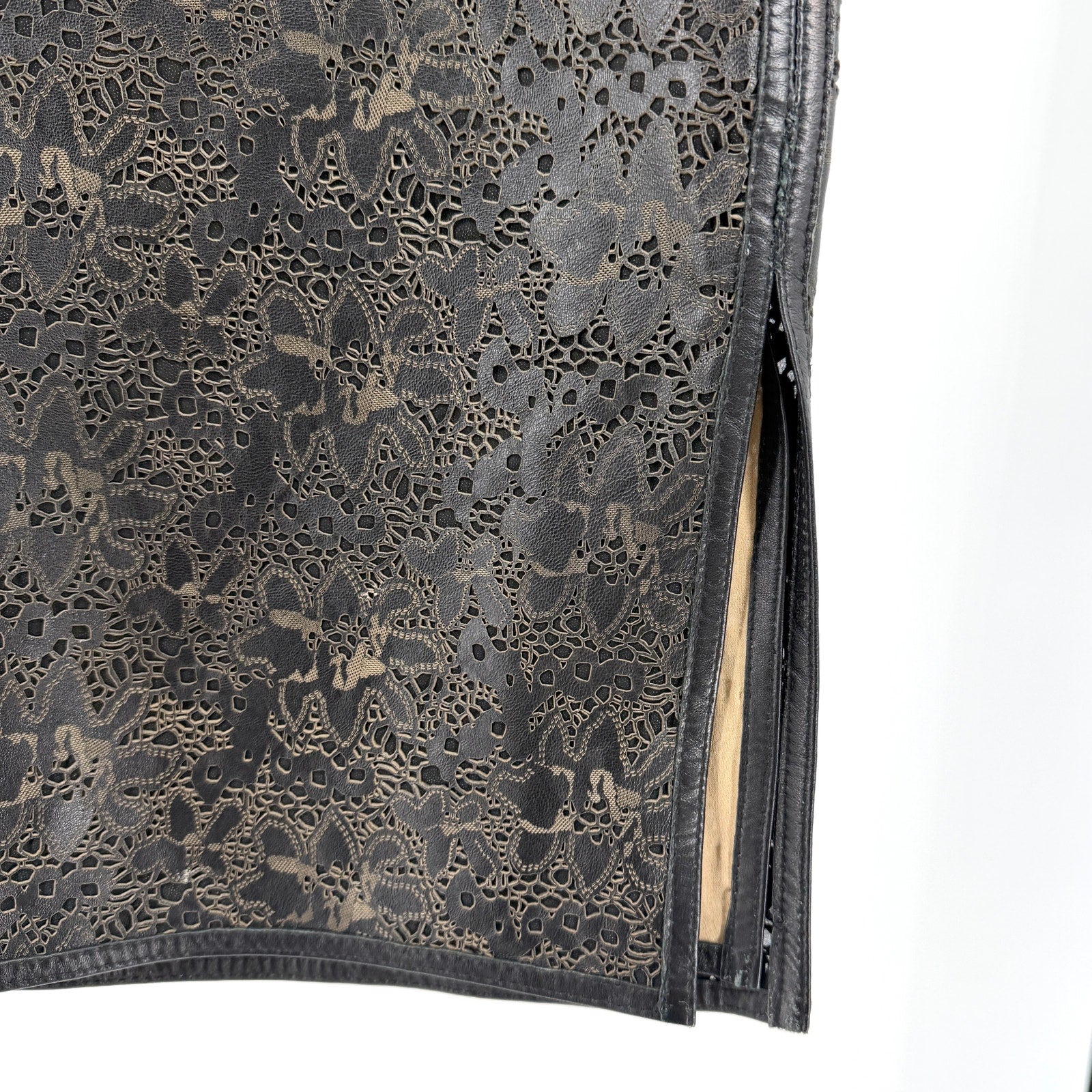 Vintage 90s Anne Klein Black Genuine Leather Floral Laser Cut Pencil Skirt