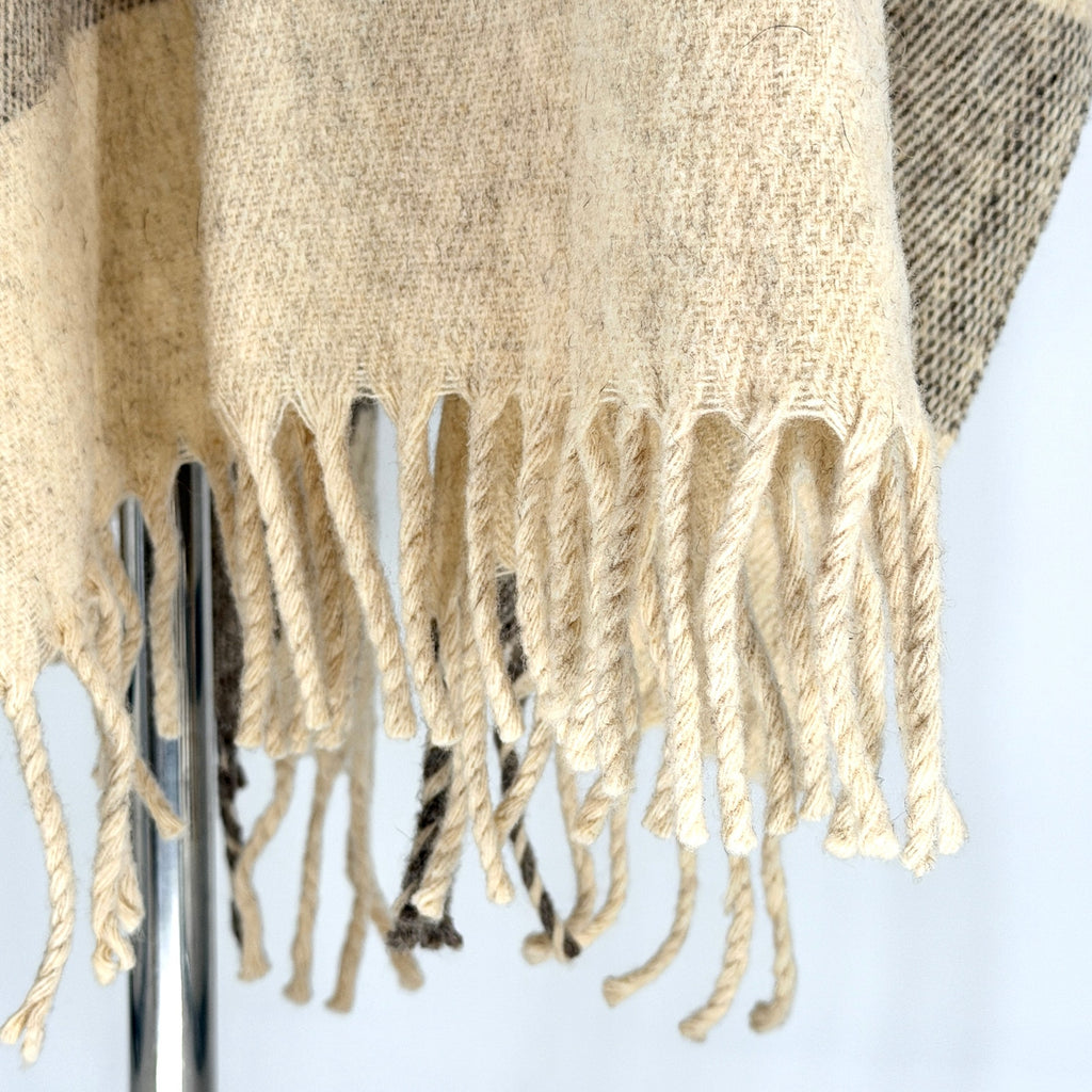 Vintage 80s Cream Oatmeal 100% Wool Button Cowl Neck Fringe Poncho