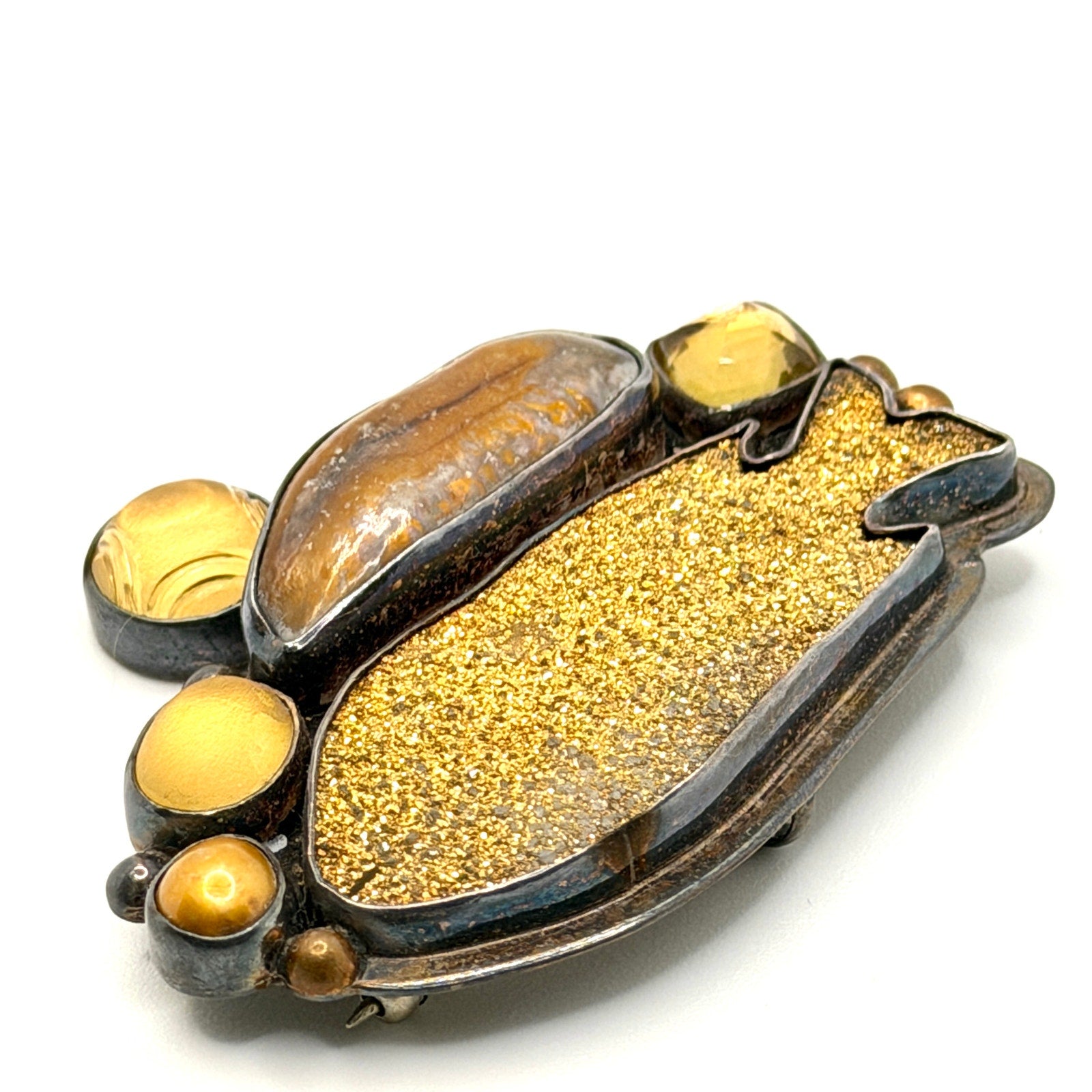 Vintage 90s Signed Amy Kahn Russell Sterling Silver Gold Druzy Brooch Pendant
