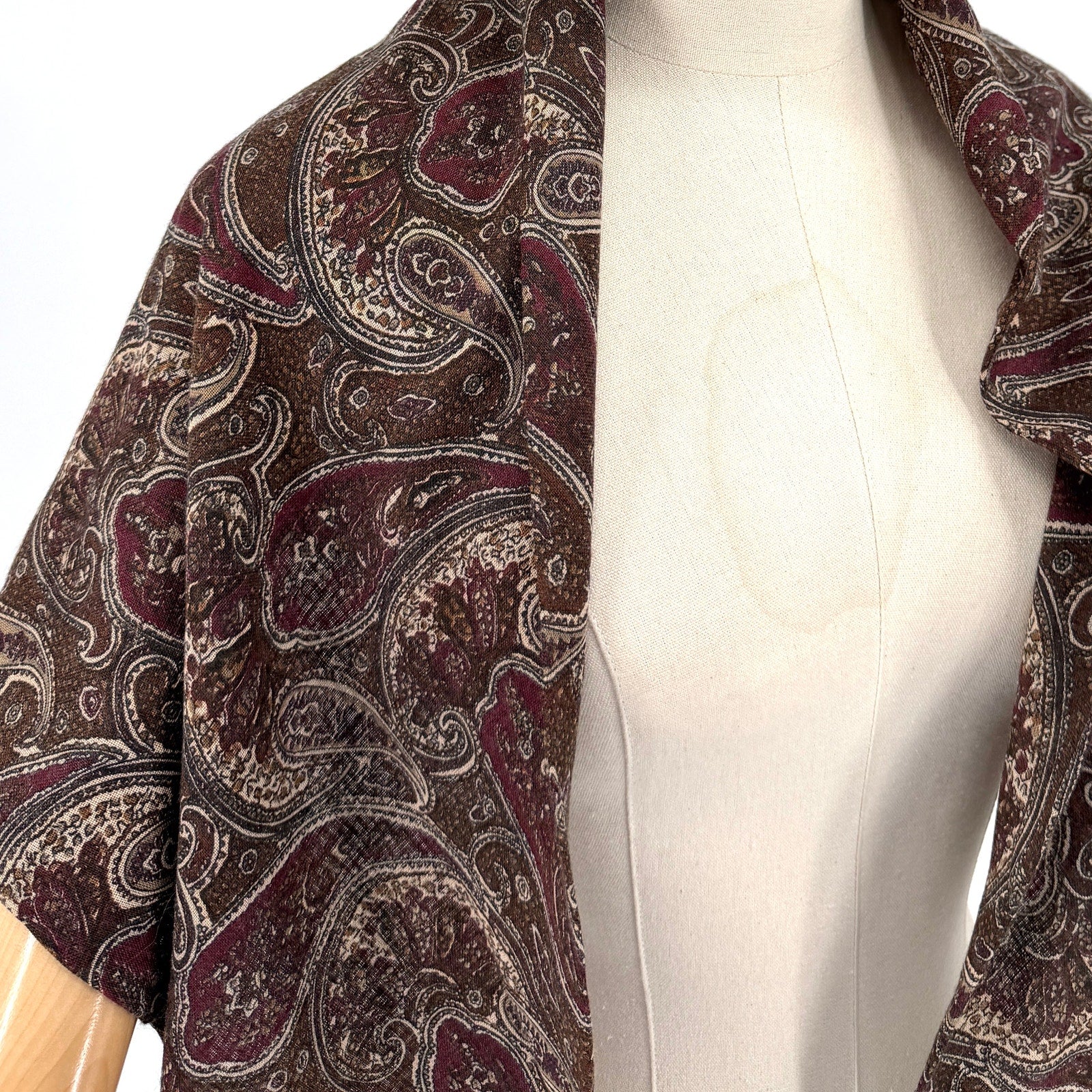 Vintage 80s Boho Maroon Olive Paisley Print Two Ply Triangle Shawl Scarf