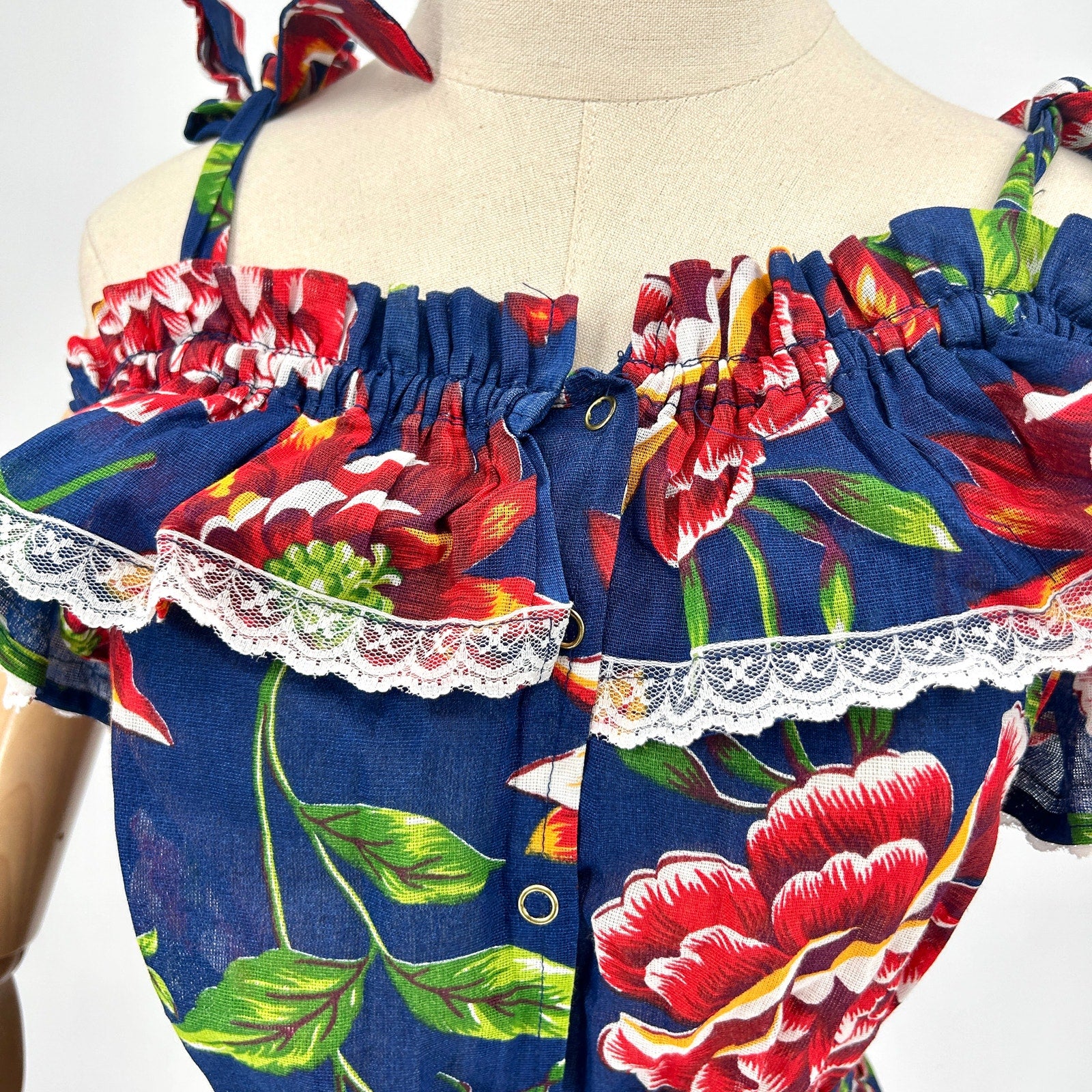 Vintage Navy Blue Floral Pin-Up Off-Shoulder Peasant Mini Dress