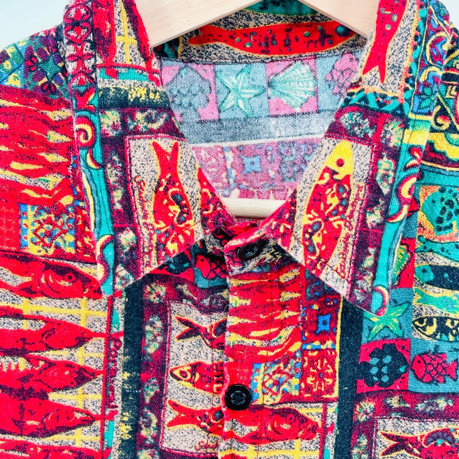 Vintage 90s Red Green Fish Novelty Print Cotton Button Up Boxy Shirt