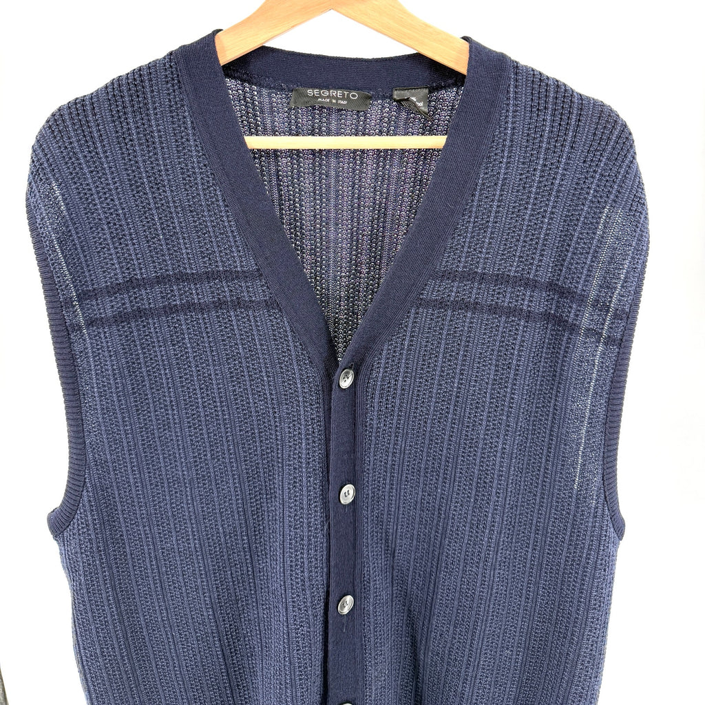Segreto Navy Blue 100% Merino Wool Ribbed Button Front Cardigan Sweater Vest