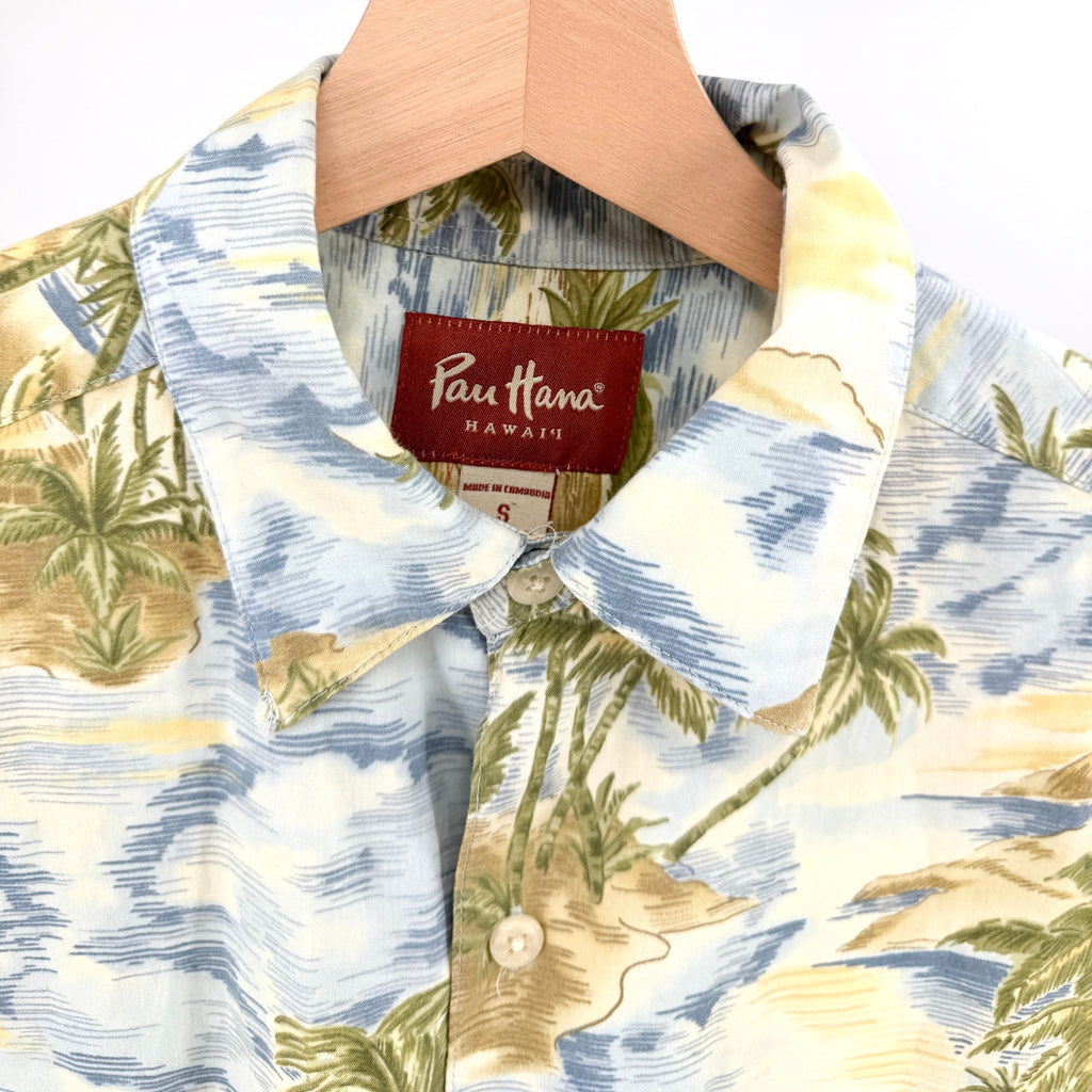 Pau Hana Hawaii Blue Tropical Palm Tree Print Camp Shirt