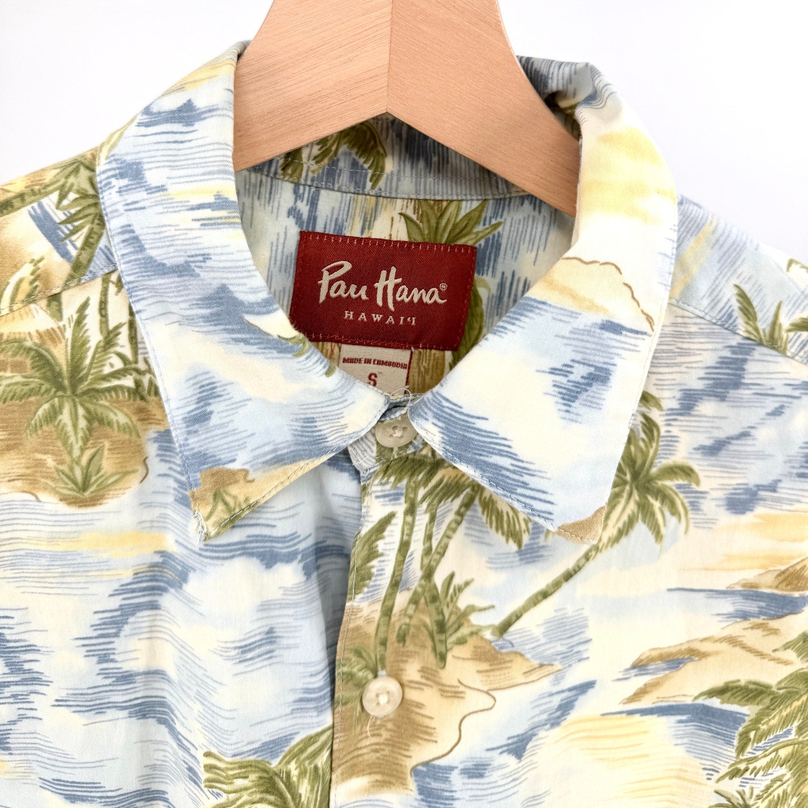 Pau Hana Hawaii Blue Tropical Palm Tree Print Camp Shirt