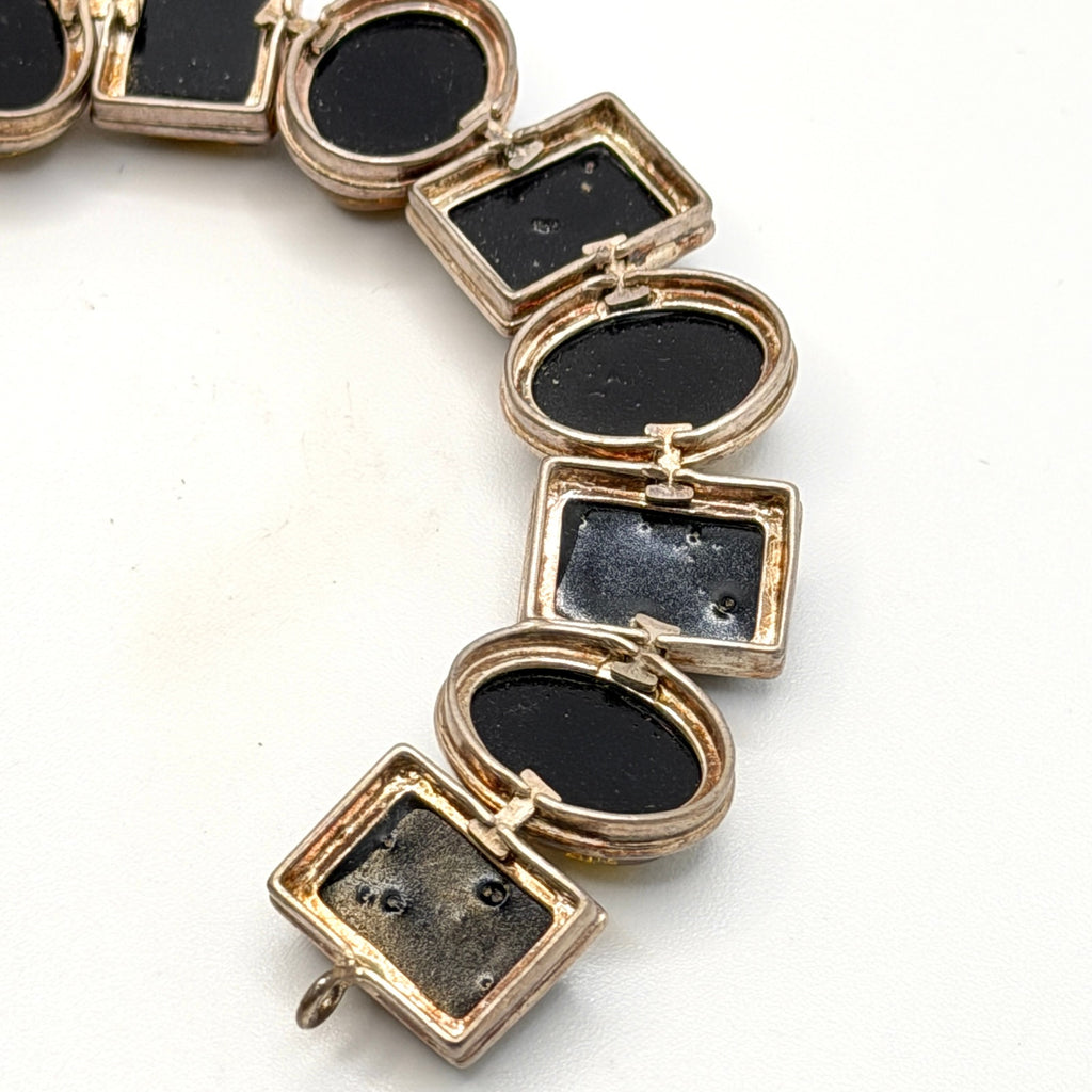 Vintage 90s Stamped Sterling Silver Green Amber Oval Rectangle Link Bracelet