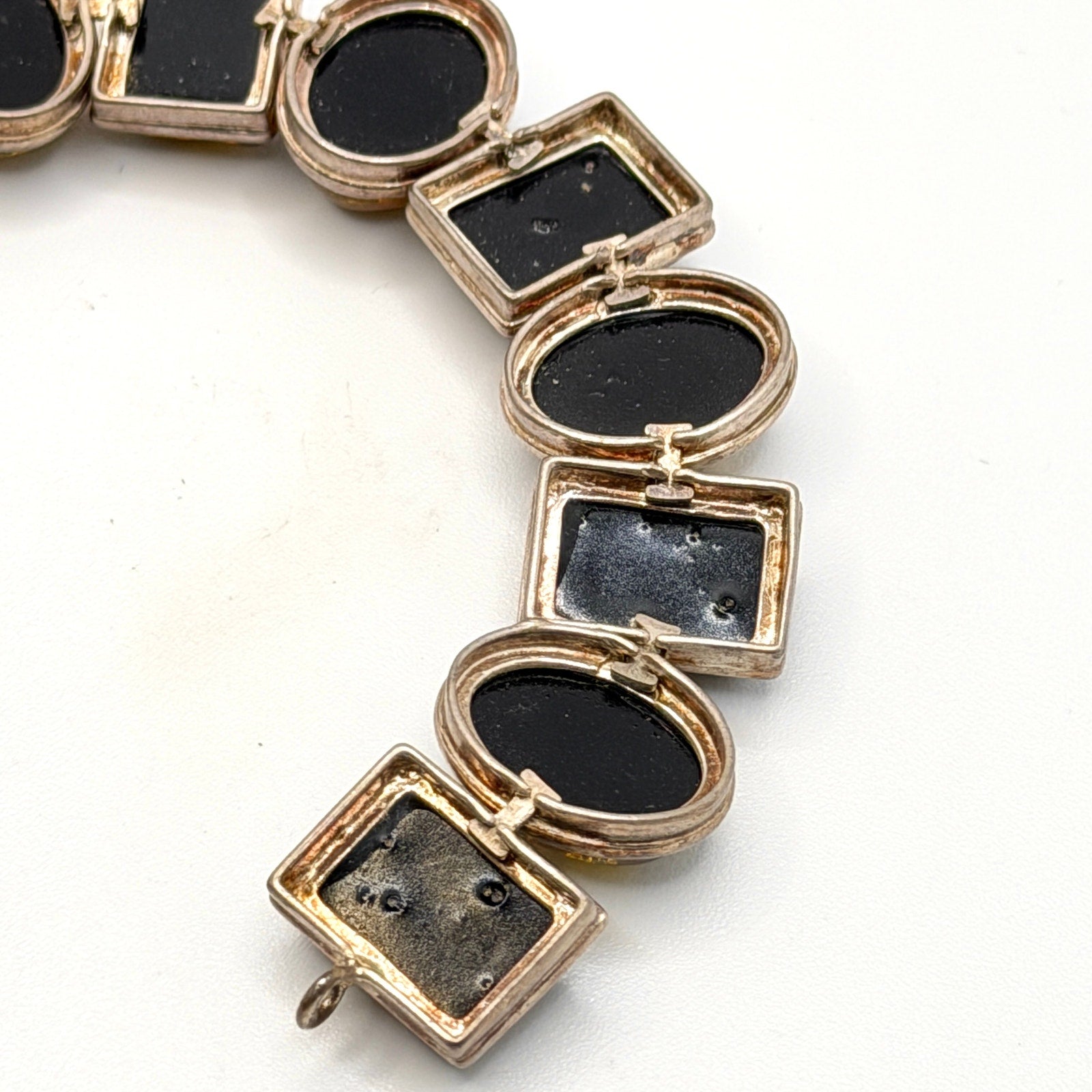 Vintage 90s Stamped Sterling Silver Green Amber Oval Rectangle Link Bracelet