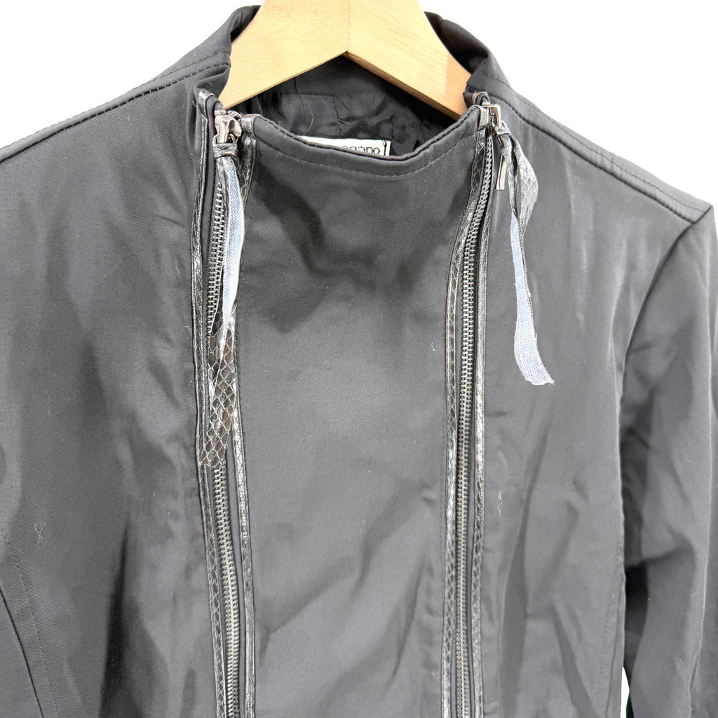 Vintage Y2K Sharagano Black Satin Snakeskin Trim Double Zip Moto Jacket