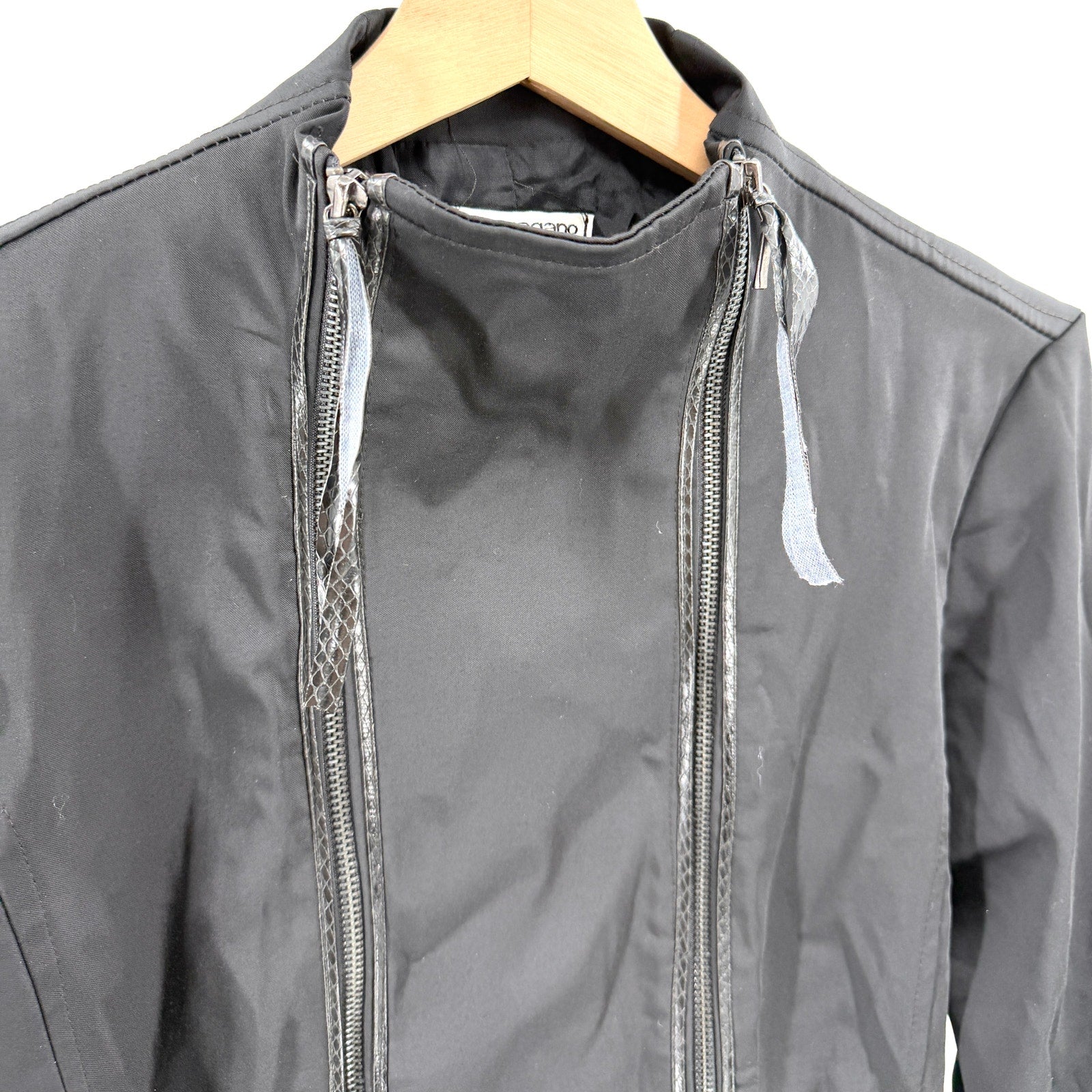 Vintage Y2K Sharagano Black Satin Snakeskin Trim Double Zip Moto Jacket