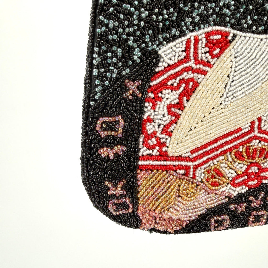 Vintage 90s Chicos Black Red Asian Geisha Portrait Fully Beaded Handbag