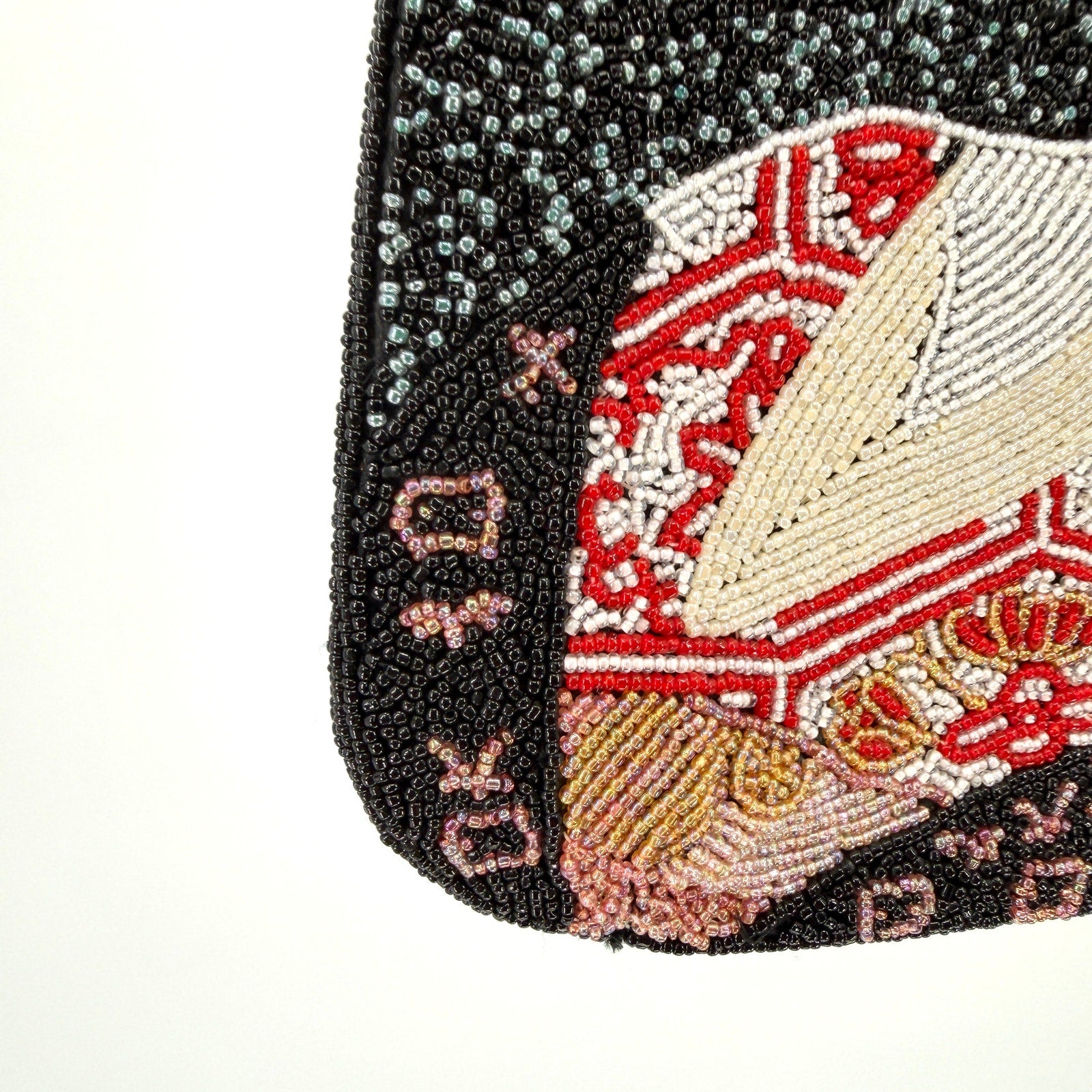 Vintage 90s Chicos Black Red Asian Geisha Portrait Fully Beaded Handbag