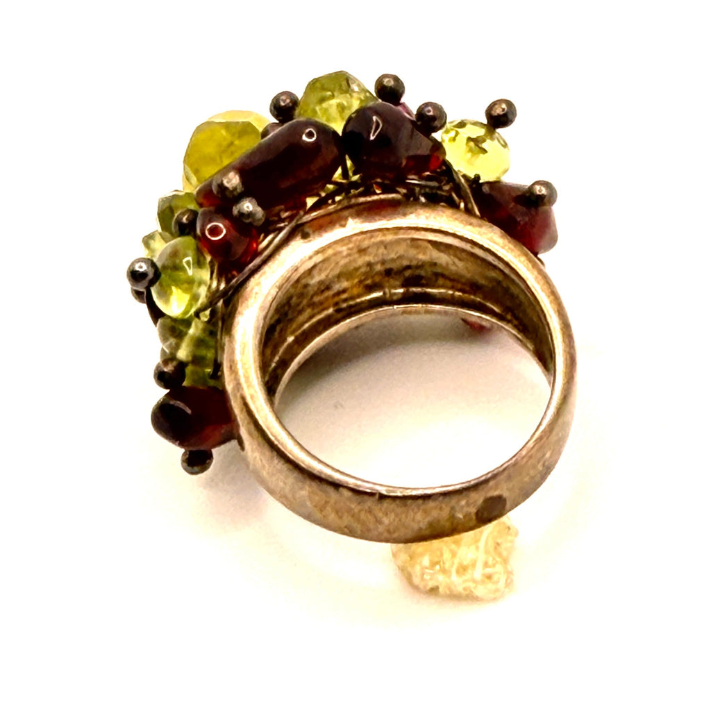 Vintage Y2K Sterling Silver Stamped Multi Gemstone Peridot Garnet Cluster Ring