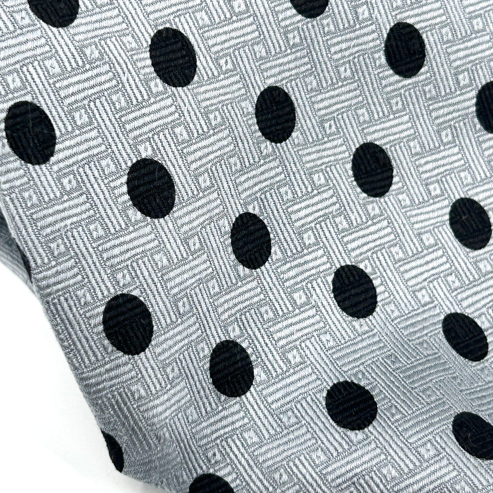 Vintage 80s Andrew Scott Silver Black Polka Dot 100% Silk Necktie