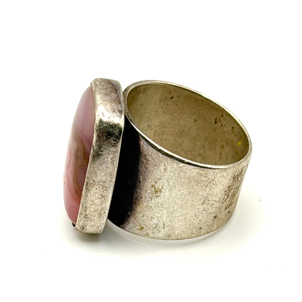 Vintage 90s Pink Rhodochrosite Stamped Sterling Silver Pearl Wide Band Ring