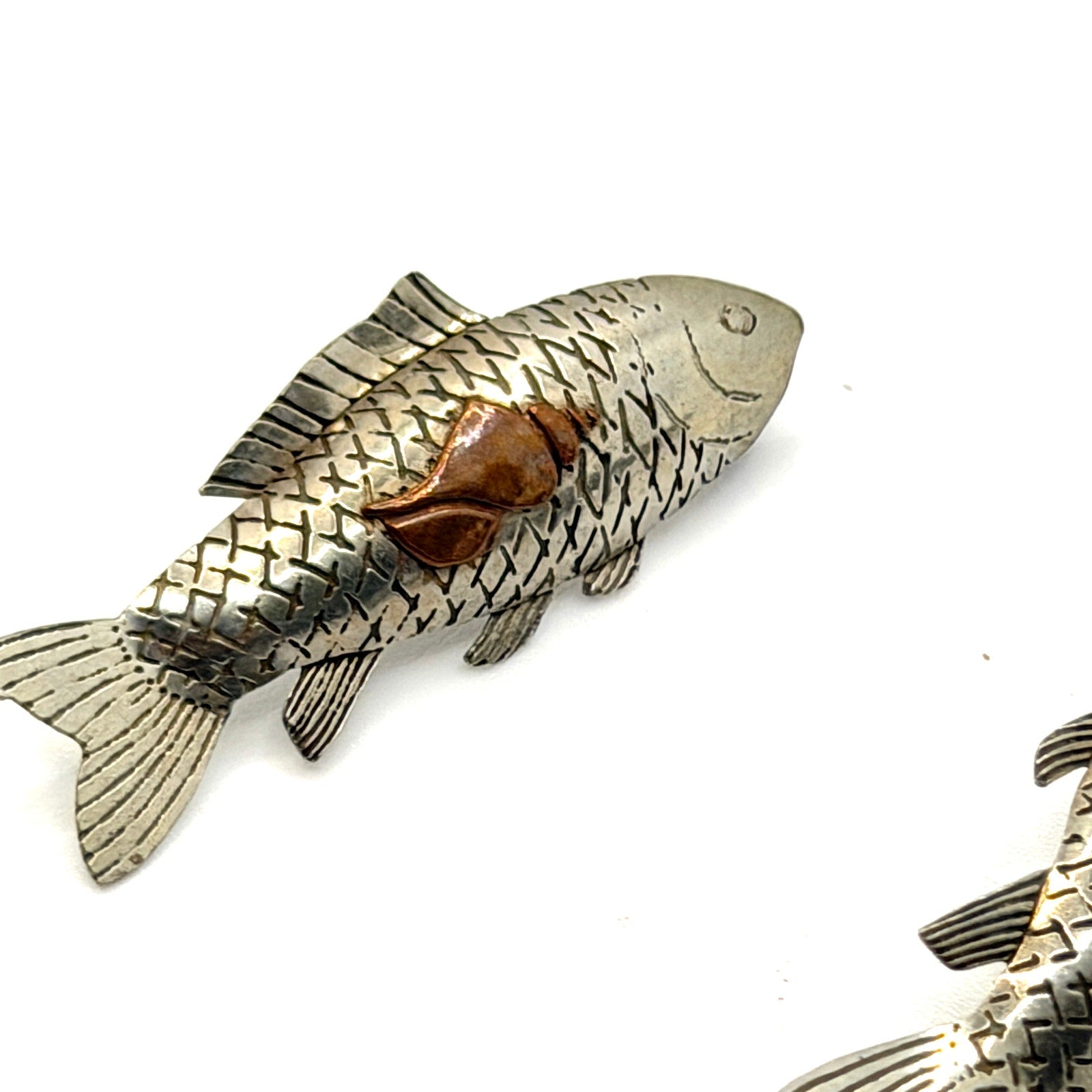 Vintage 90s Artisanal Mixed Metal Etched Koi Fish Global Boho Tribal Earrings
