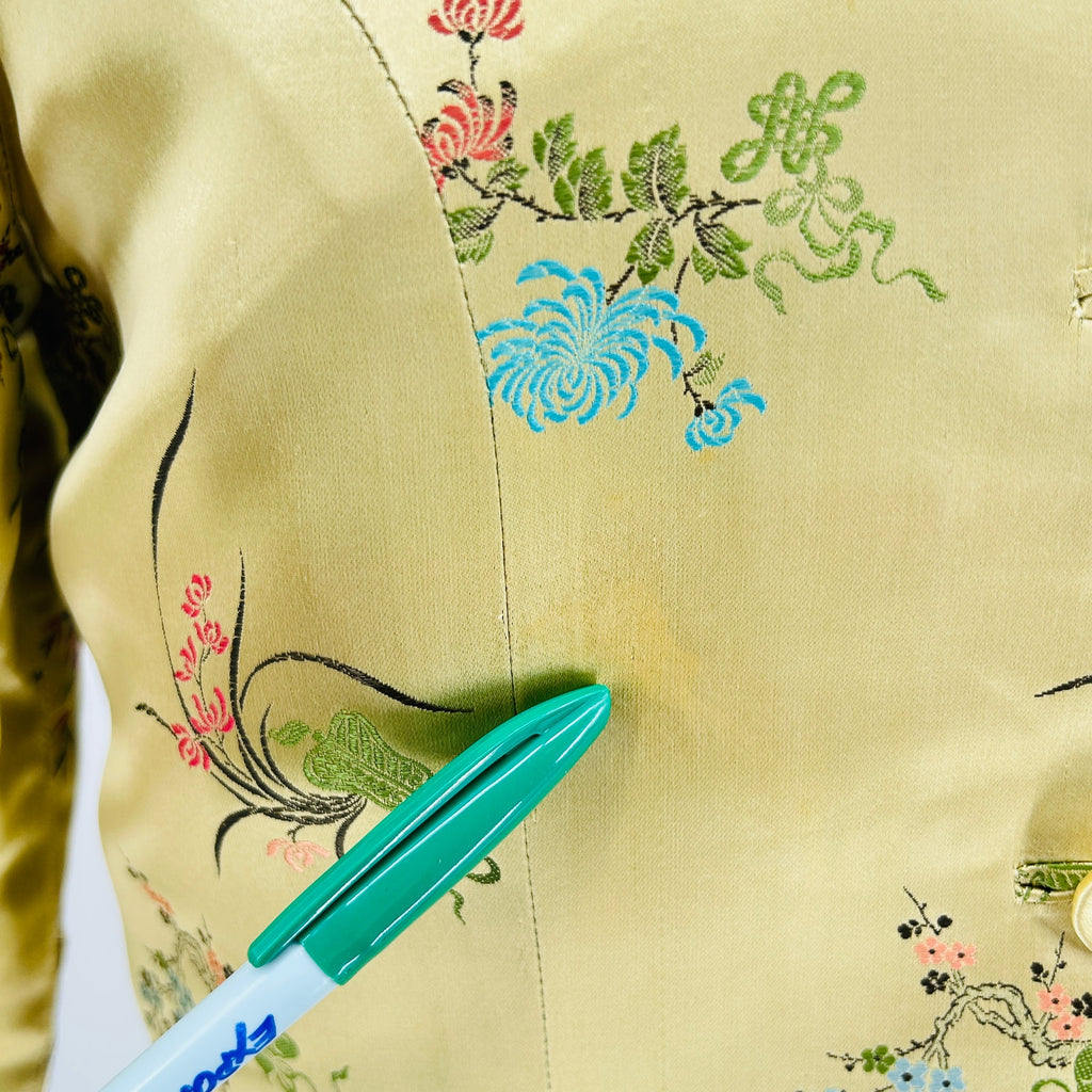 Vintage 60s Couture Gold 100% Silk Satin Embroidered Cheongsam Dress Suit