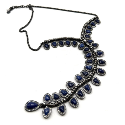 Lucky Brand Blue Gunmetal Resin Boho Glam Pave Halo Drop Y-Necklace