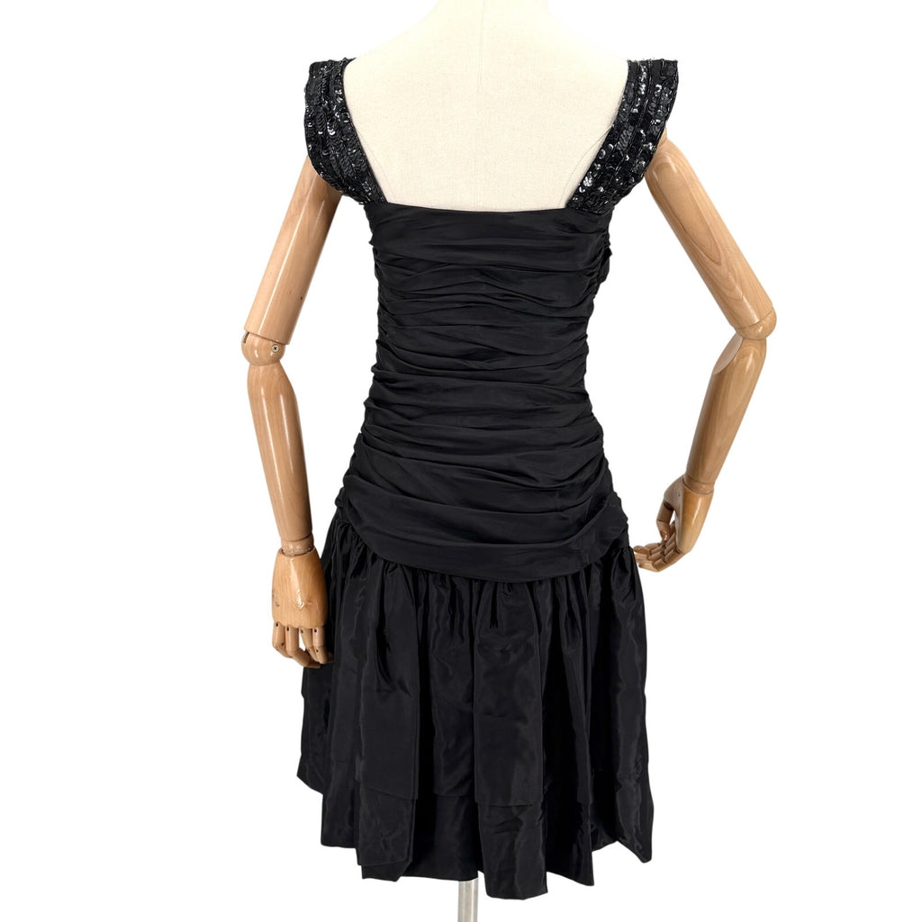 Vintage 80s Tadashi Black Ruched Sequin Strap Glam Cocktail Party Dress