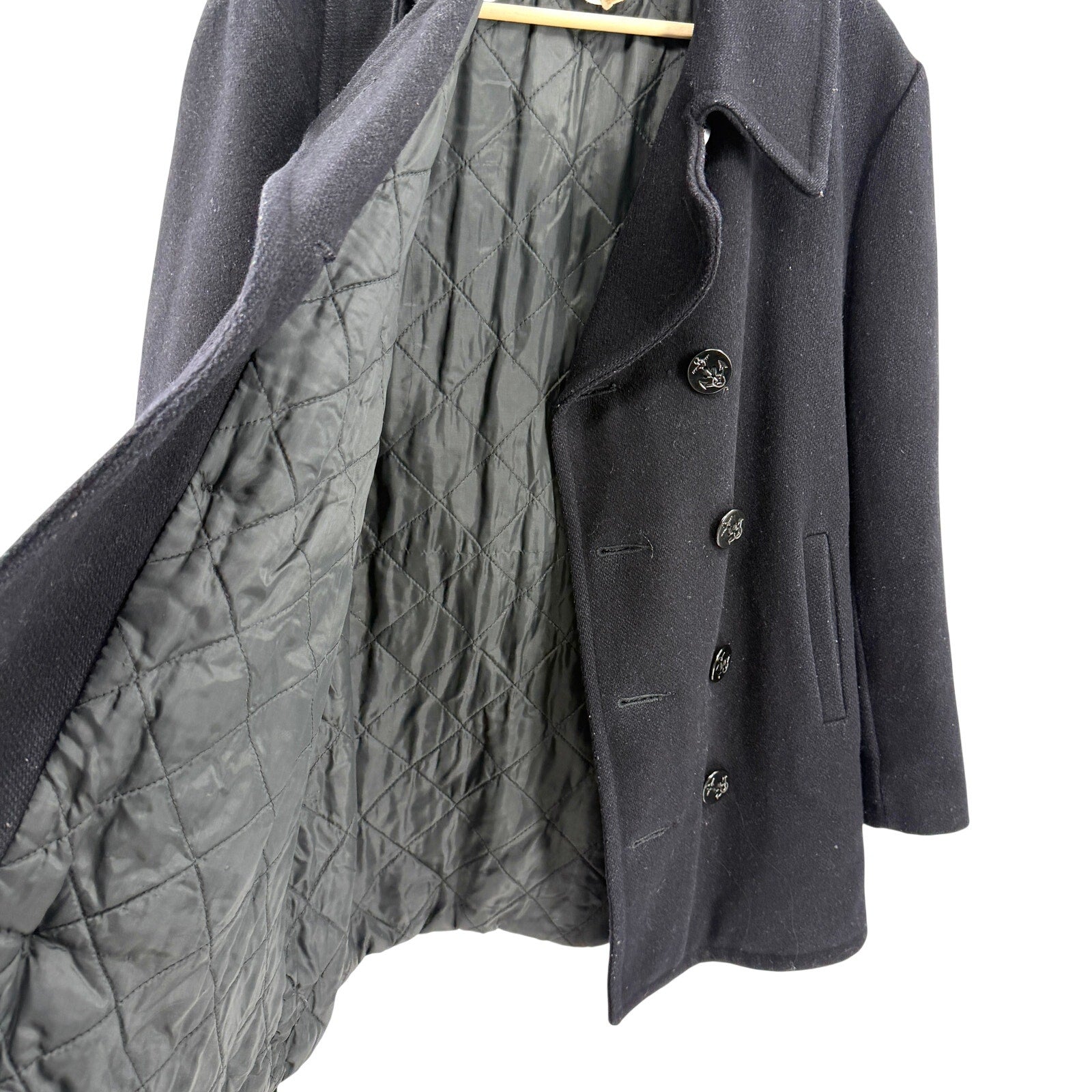 Vintage 70s Alexander's Navy Blue Double Breasted Quilted Wool Pea Coat