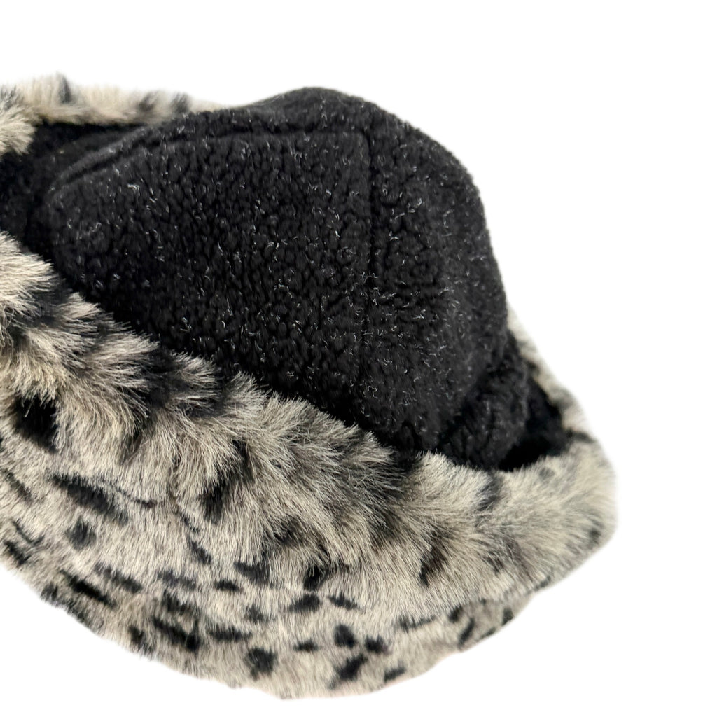 Vintage 90s Tasha Polizzi Gray Black Leopard Cozy Fleece Faux Fur Cossack Hat