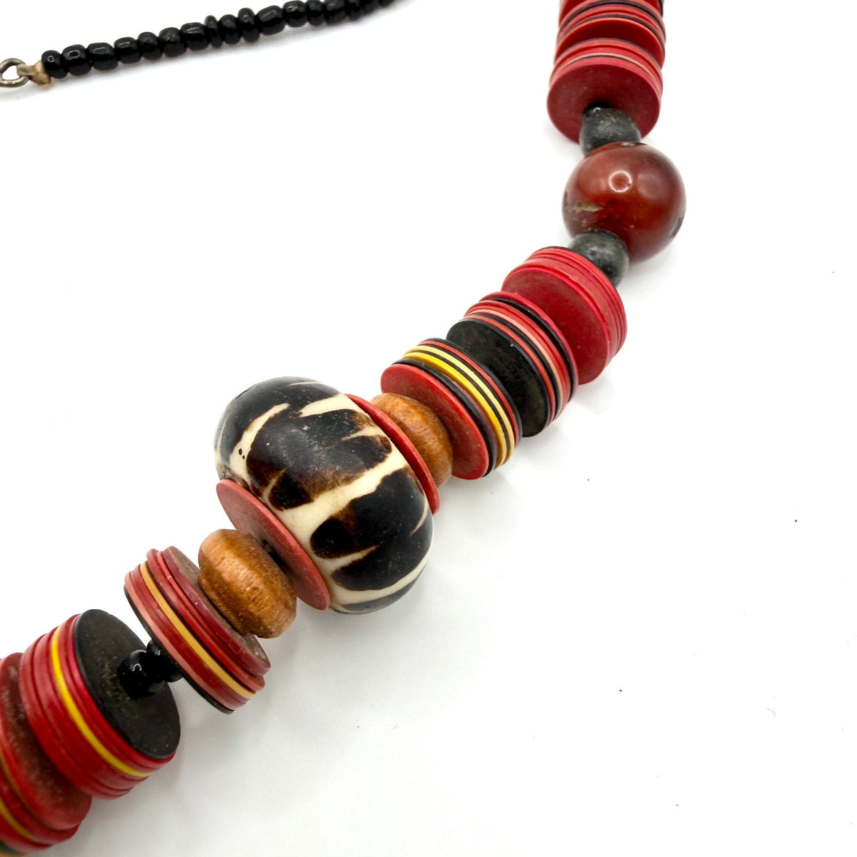 Vintage 80s African Wood Batik Bone Bead Red Multi Color Vinyl Disc Necklace