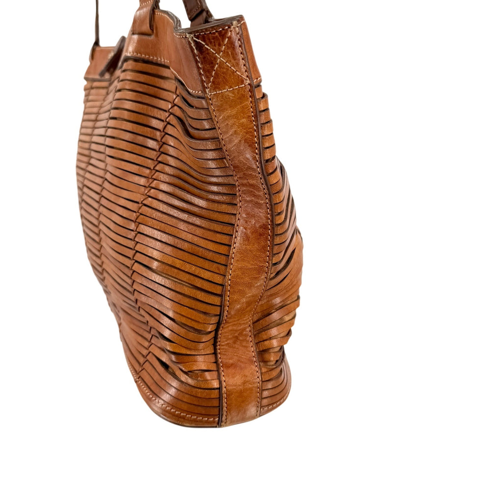 Vintage Y2K Me Too Cognac Genuine Leather Woven Structured Tote