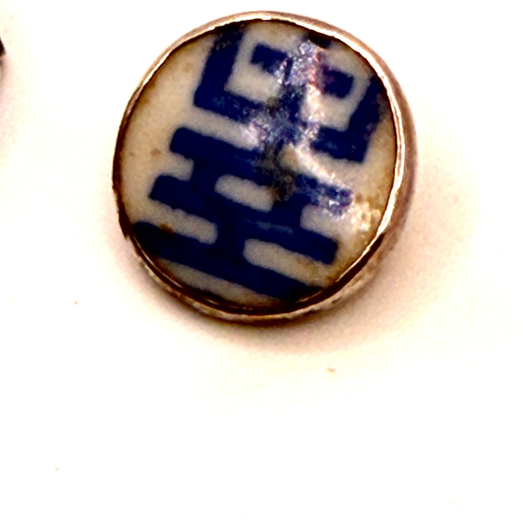 Vintage 90s Sterling Silver Blue White Porcelain Double Happiness Earrings