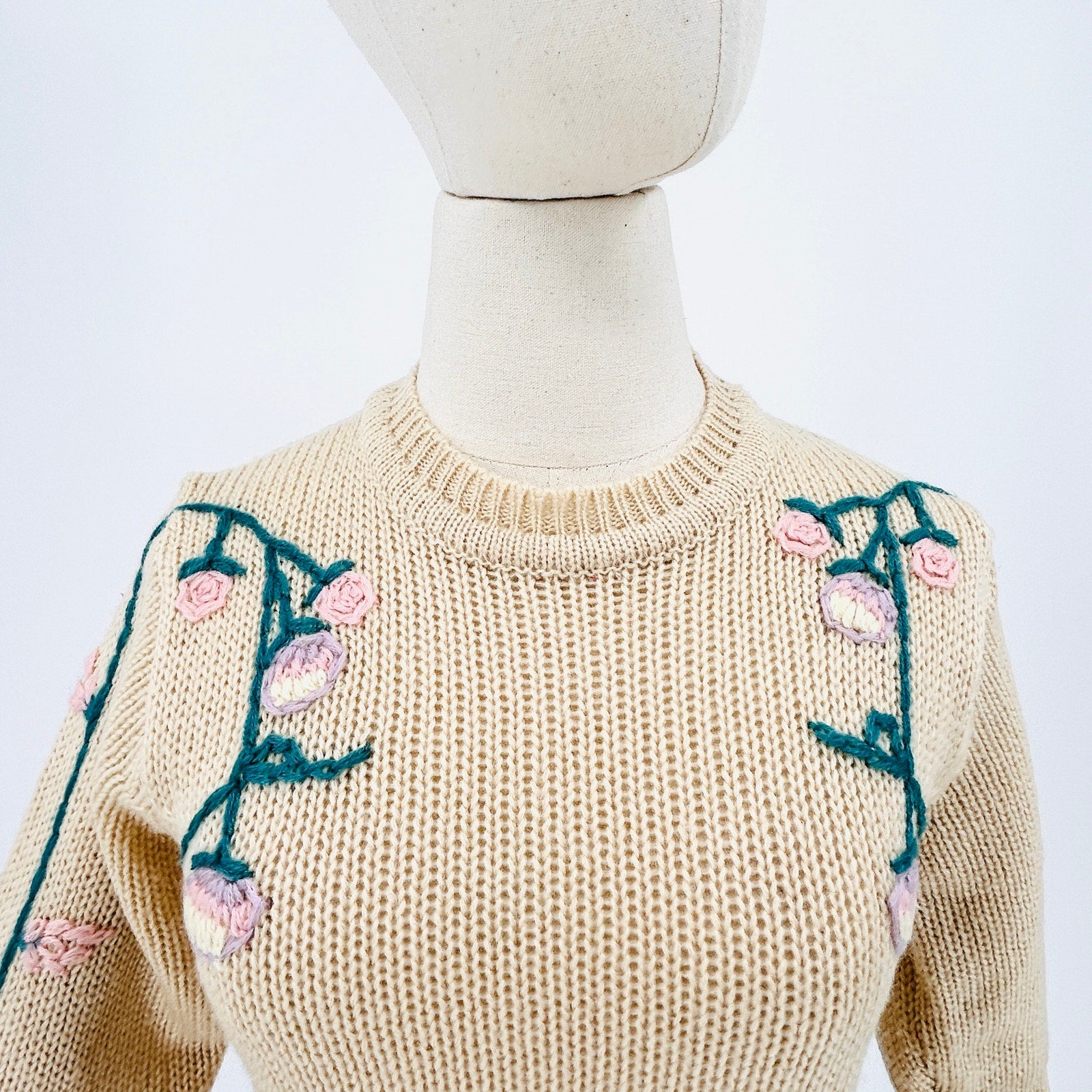 Vintage 80s Beige Teal Pink Floral Embroidered Sweater