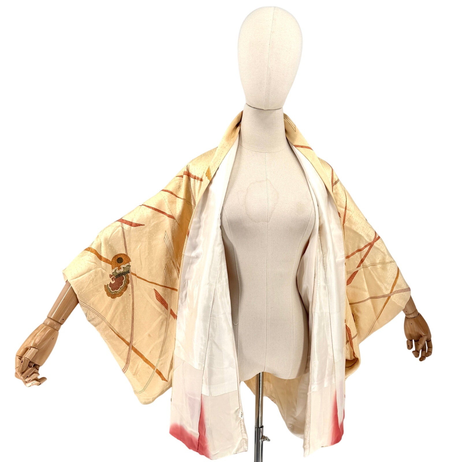 Vintage 80s Yellow Gold 100% Silk Satin Abstract Haori Kimono