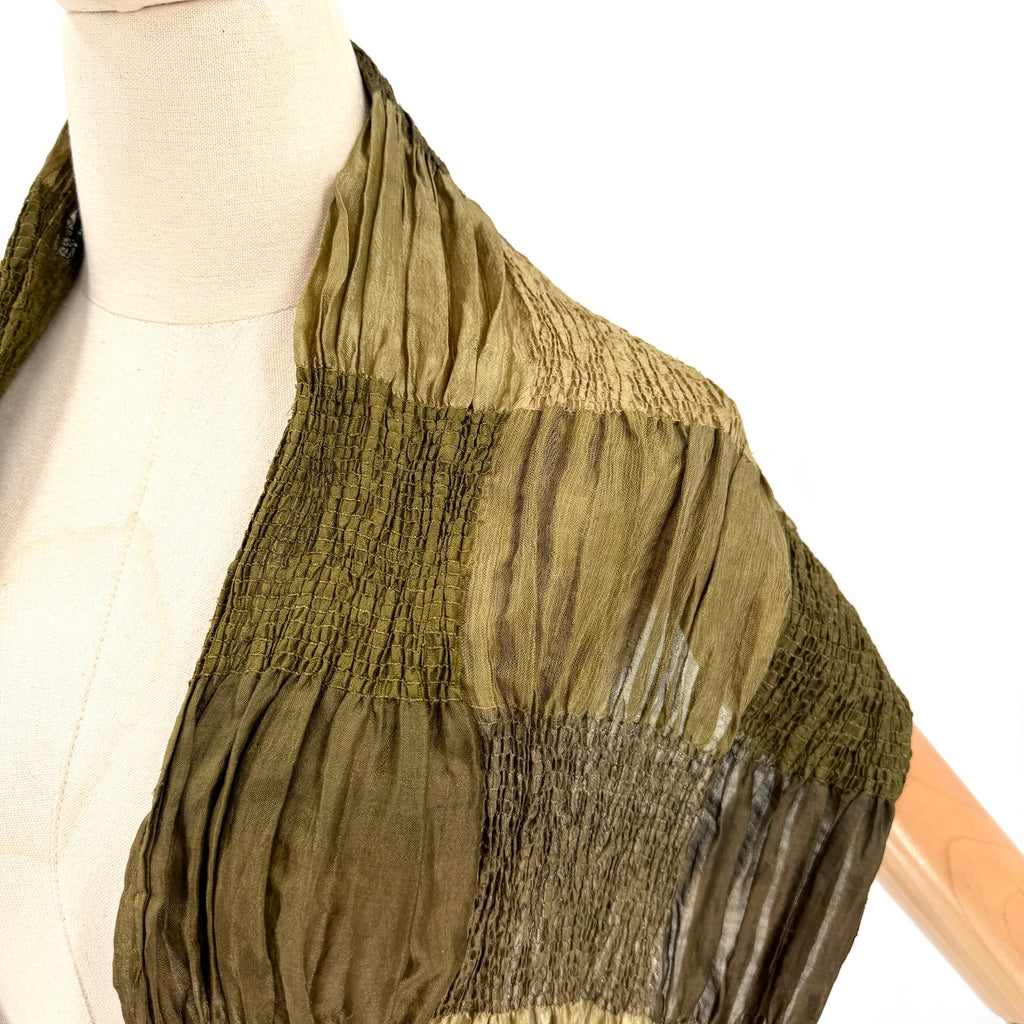 Vintage Y2K Olive Sage Green Silk Crinkled Patchwork Scarf