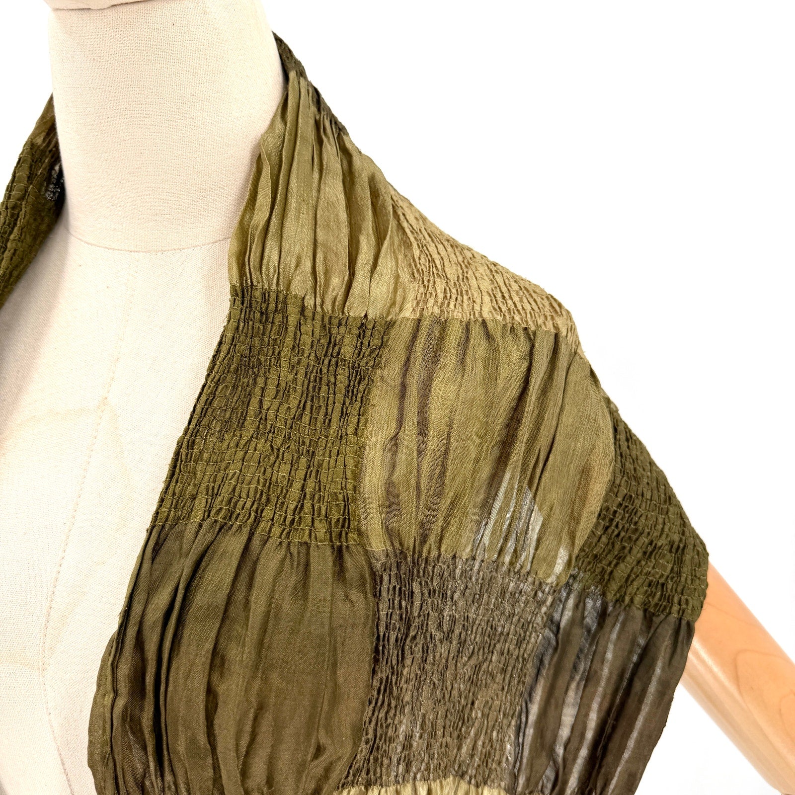Vintage Y2K Olive Sage Green Silk Crinkled Patchwork Scarf