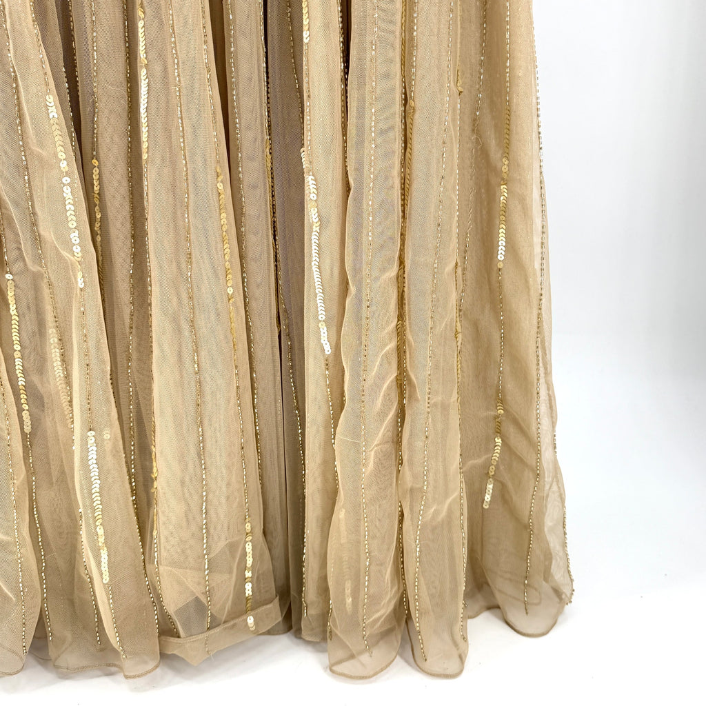 Mac Duggal Gold Beaded Sequin Elegant Long Sleeve V Neck Evening Gown Dress